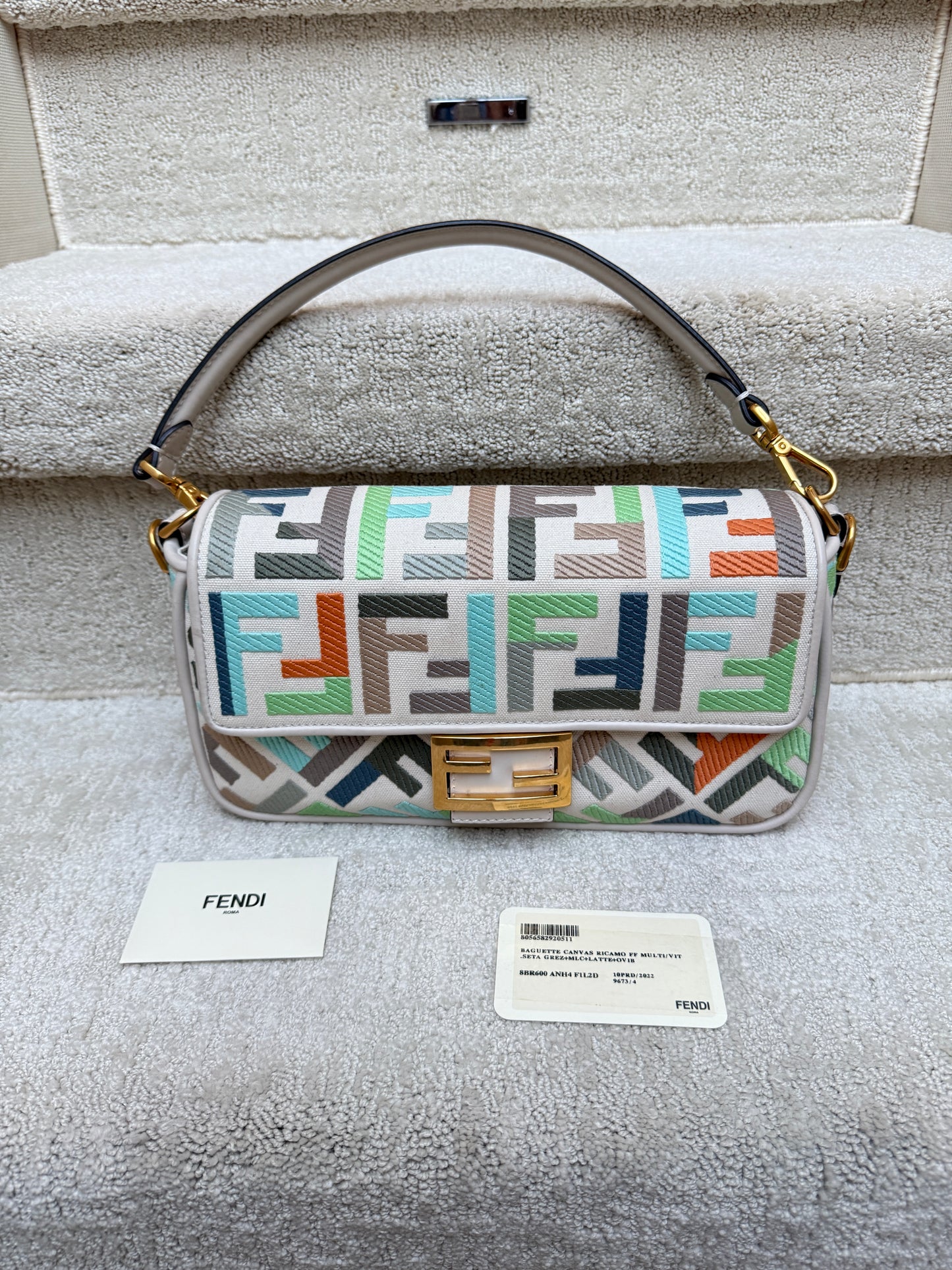 Fendi Canvas Vitello Seta FF Embroidered Baguette in pastel
