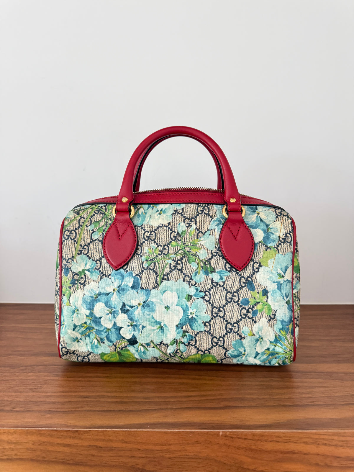 Gucci Boston Handbag Blooms Monogram with Blue Flowers with Red Leather Trim Pre-Loved