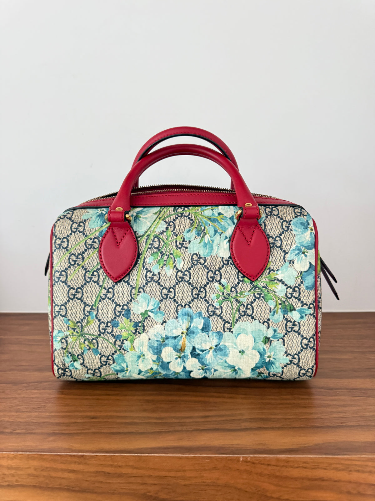 Gucci Boston Handbag Blooms Monogram with Blue Flowers with Red Leather Trim Pre-Loved