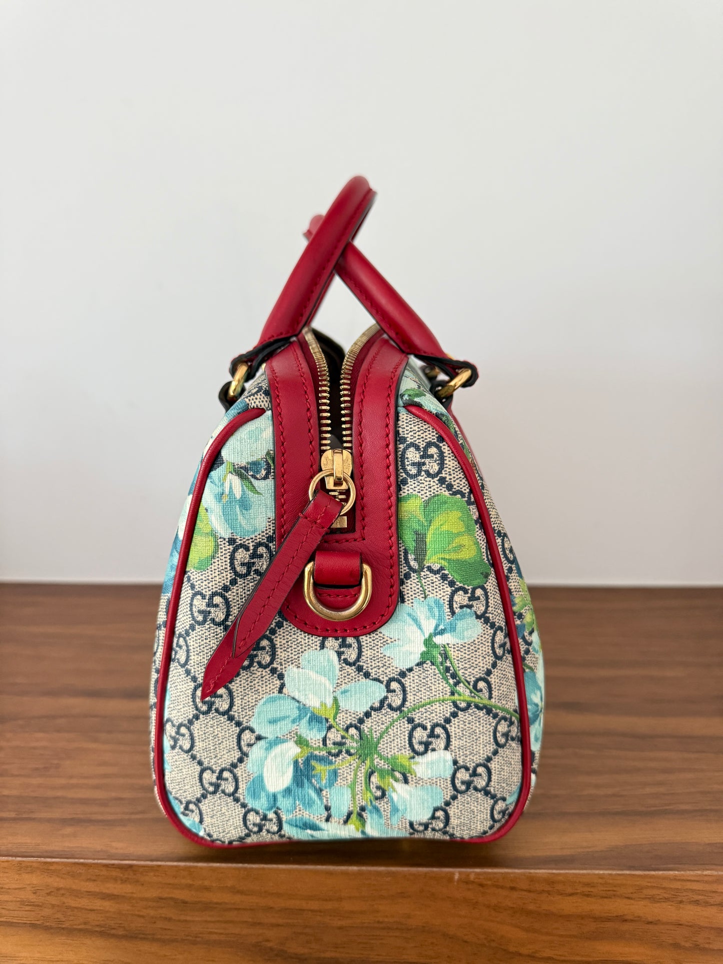 Gucci Boston Handbag Blooms Monogram with Blue Flowers with Red Leather Trim Pre-Loved