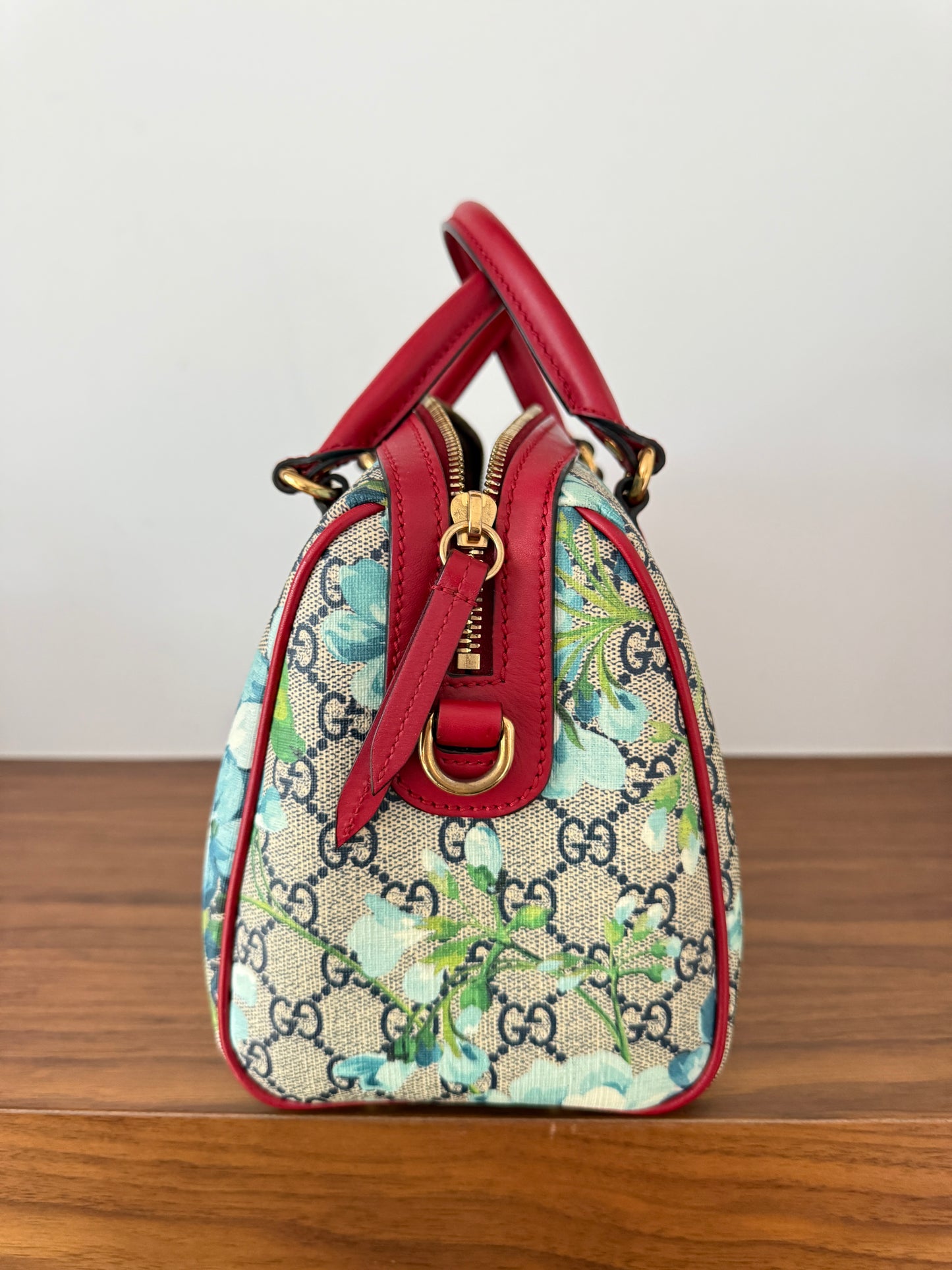 Gucci Boston Handbag Blooms Monogram with Blue Flowers with Red Leather Trim Pre-Loved