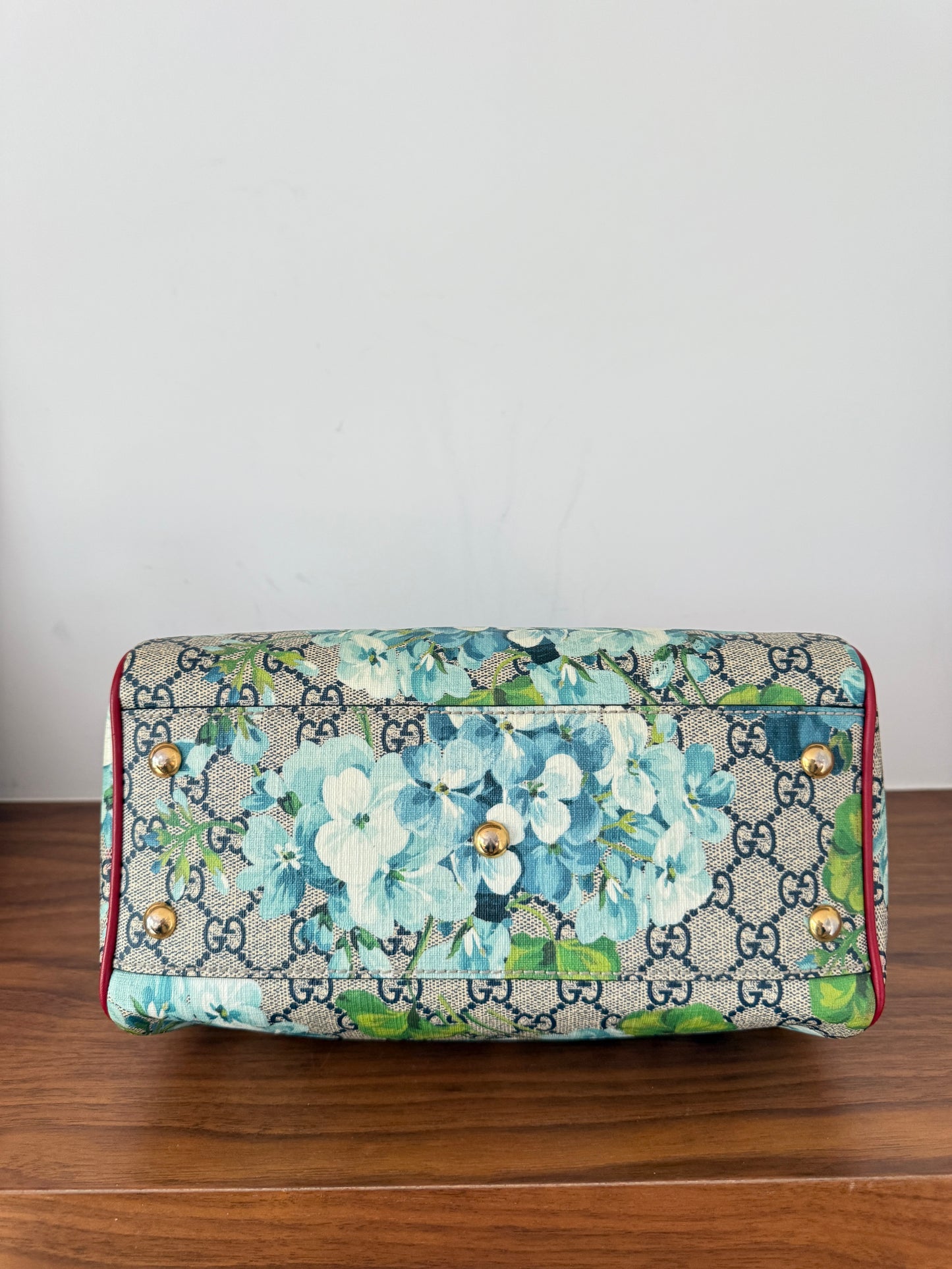 Gucci Boston Handbag Blooms Monogram with Blue Flowers with Red Leather Trim Pre-Loved