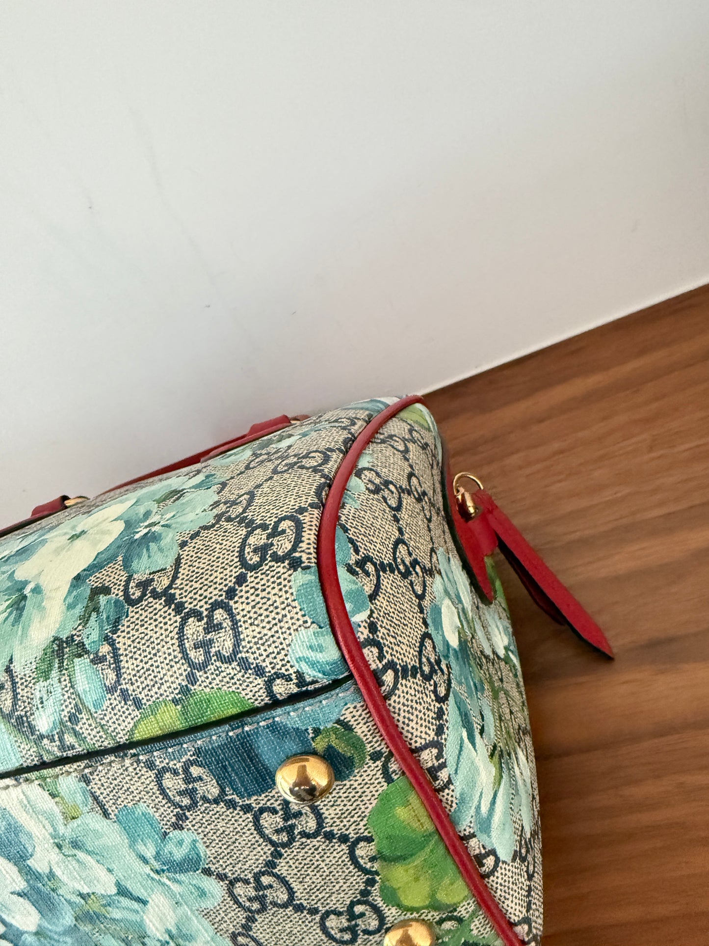 Gucci Boston Handbag Blooms Monogram with Blue Flowers with Red Leather Trim Pre-Loved