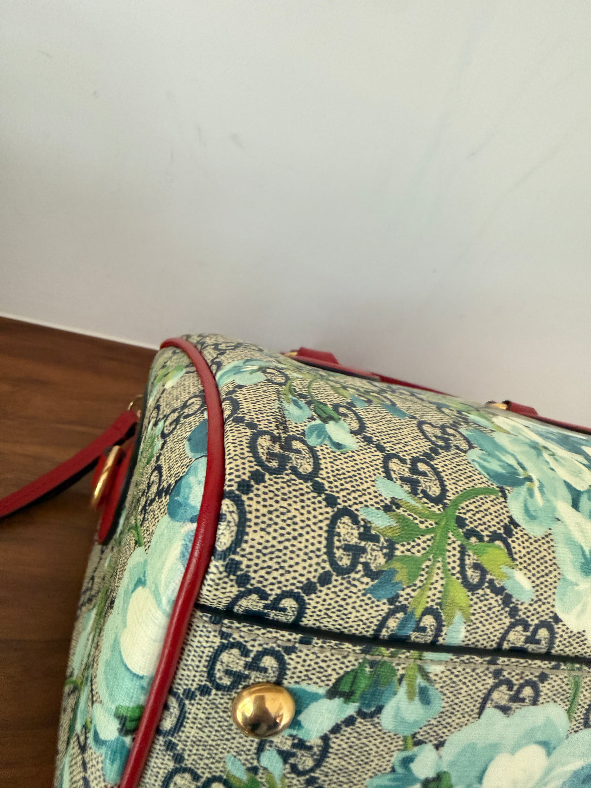 Gucci Boston Handbag Blooms Monogram with Blue Flowers with Red Leather Trim Pre-Loved