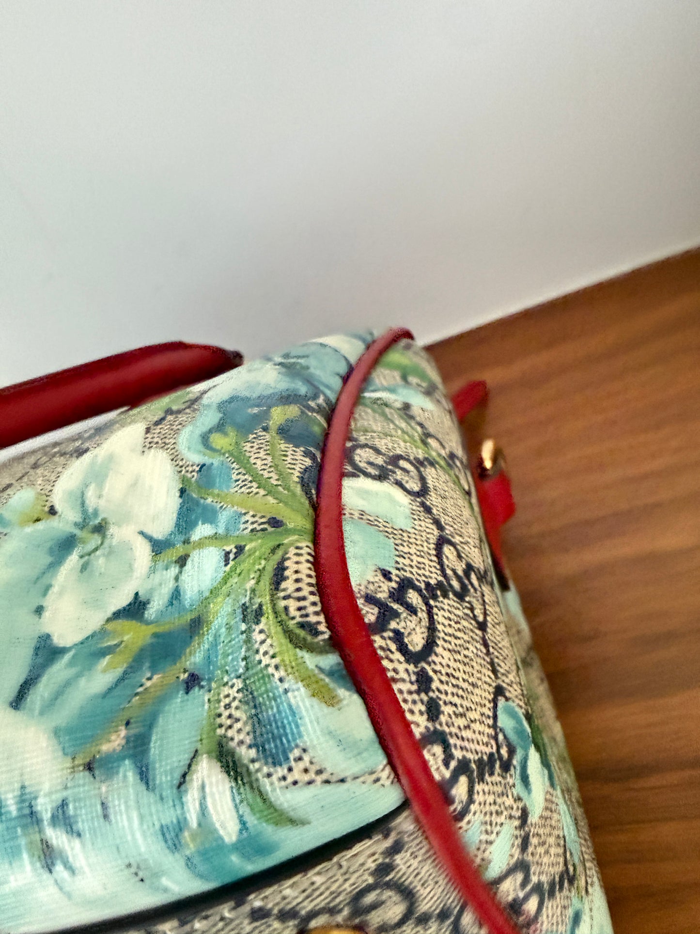 Gucci Boston Handbag Blooms Monogram with Blue Flowers with Red Leather Trim Pre-Loved