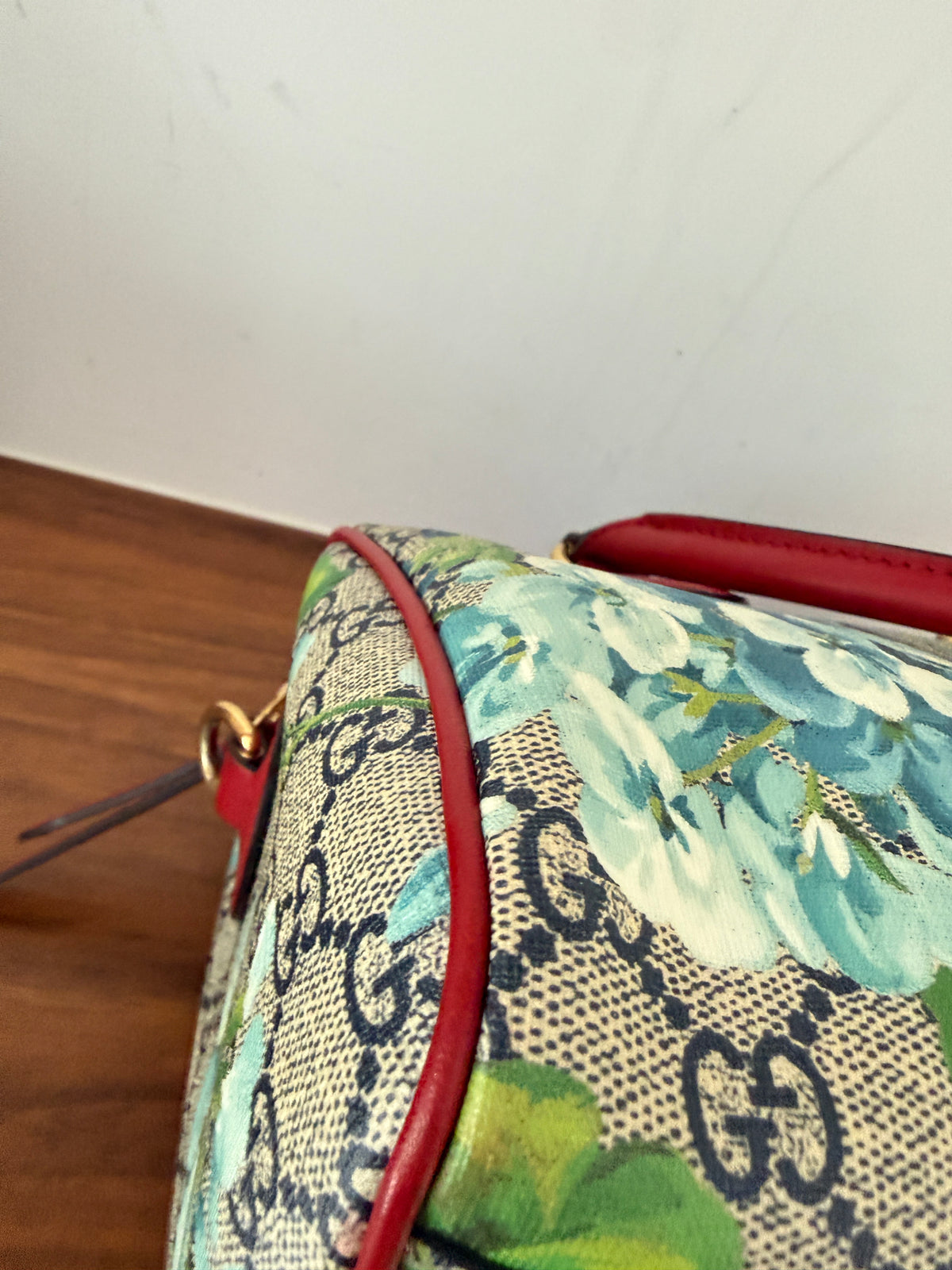 Gucci Boston Handbag Blooms Monogram with Blue Flowers with Red Leather Trim Pre-Loved