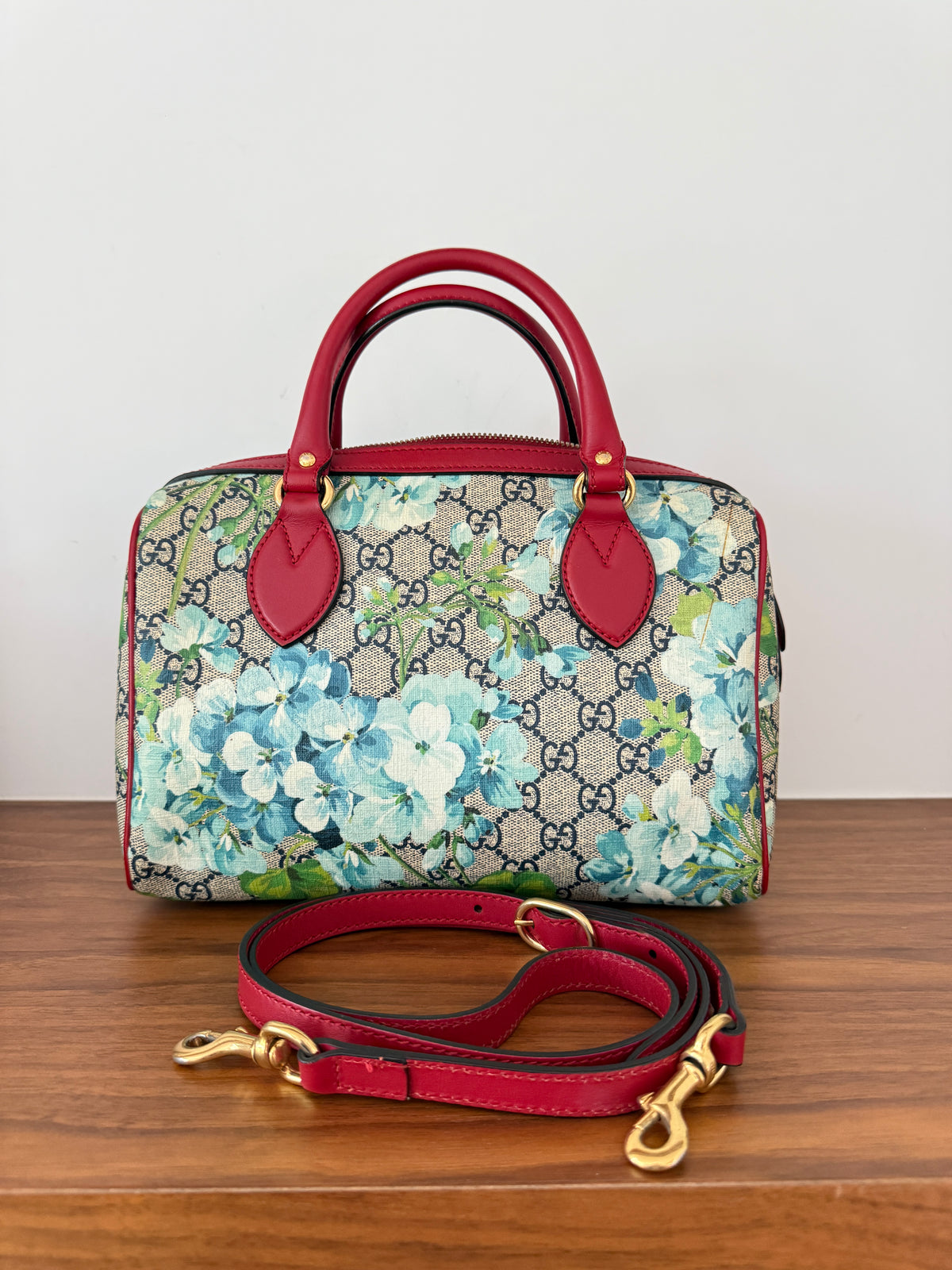 Gucci Boston Handbag Blooms Monogram with Blue Flowers with Red Leather Trim Pre-Loved