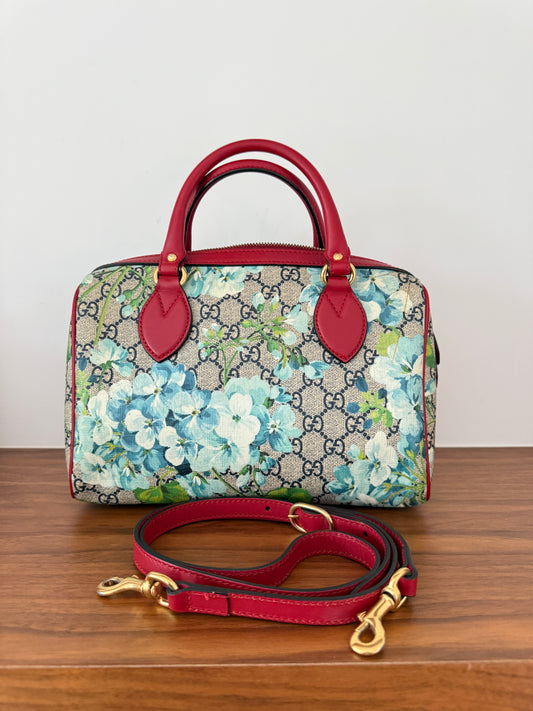 Gucci Boston Handbag Blooms Monogram with Blue Flowers with Red Leather Trim Pre-Loved