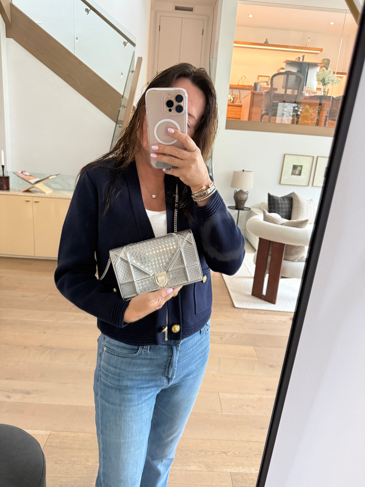 Dior Metallic Patent Micro-Cannage Diorama Wallet on Chain Pouch Silver