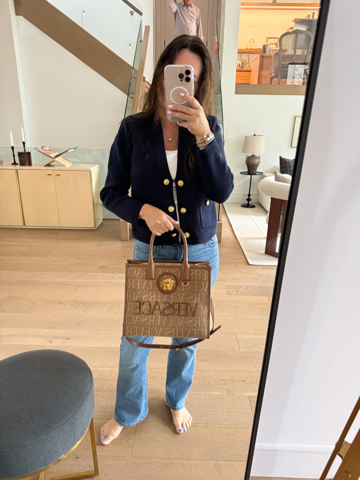 Versace All Over Logo Canvas Tote in Brown Small