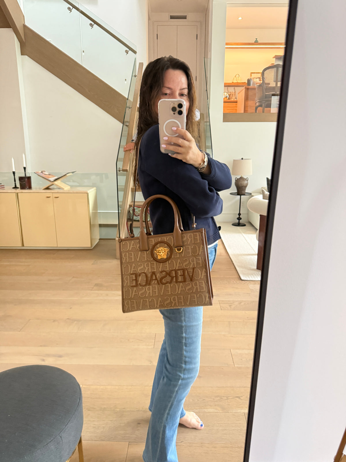Versace All Over Logo Canvas Tote in Brown Small