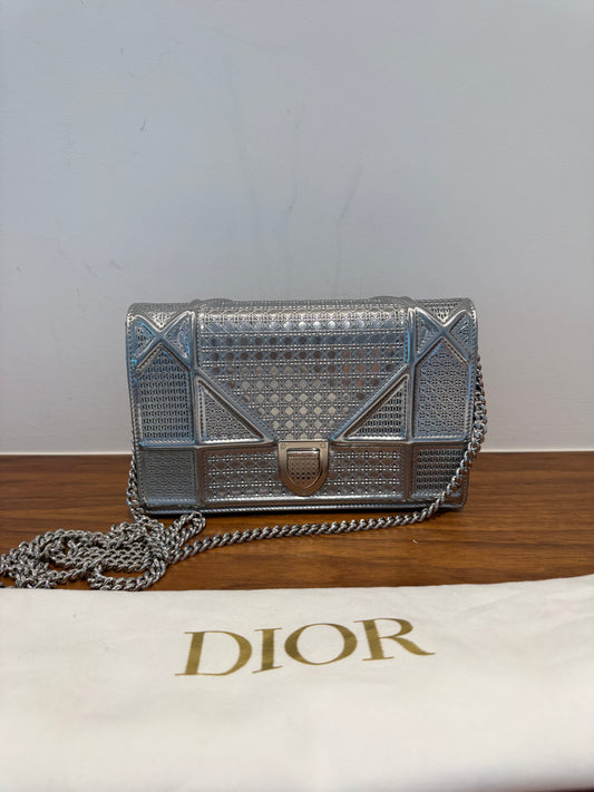 Dior Metallic Patent Micro-Cannage Diorama Wallet on Chain Pouch Silver