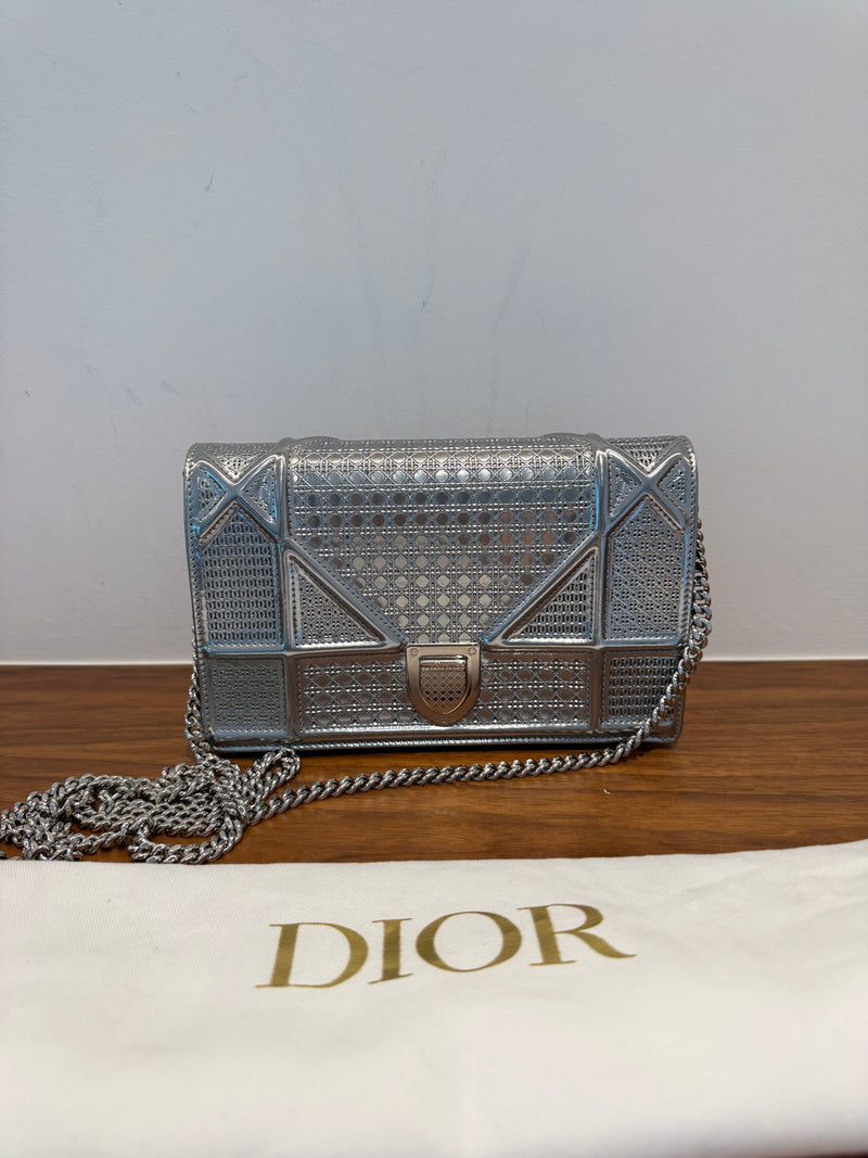 Dior Metallic Patent Micro-Cannage Diorama Wallet on Chain Pouch Silver