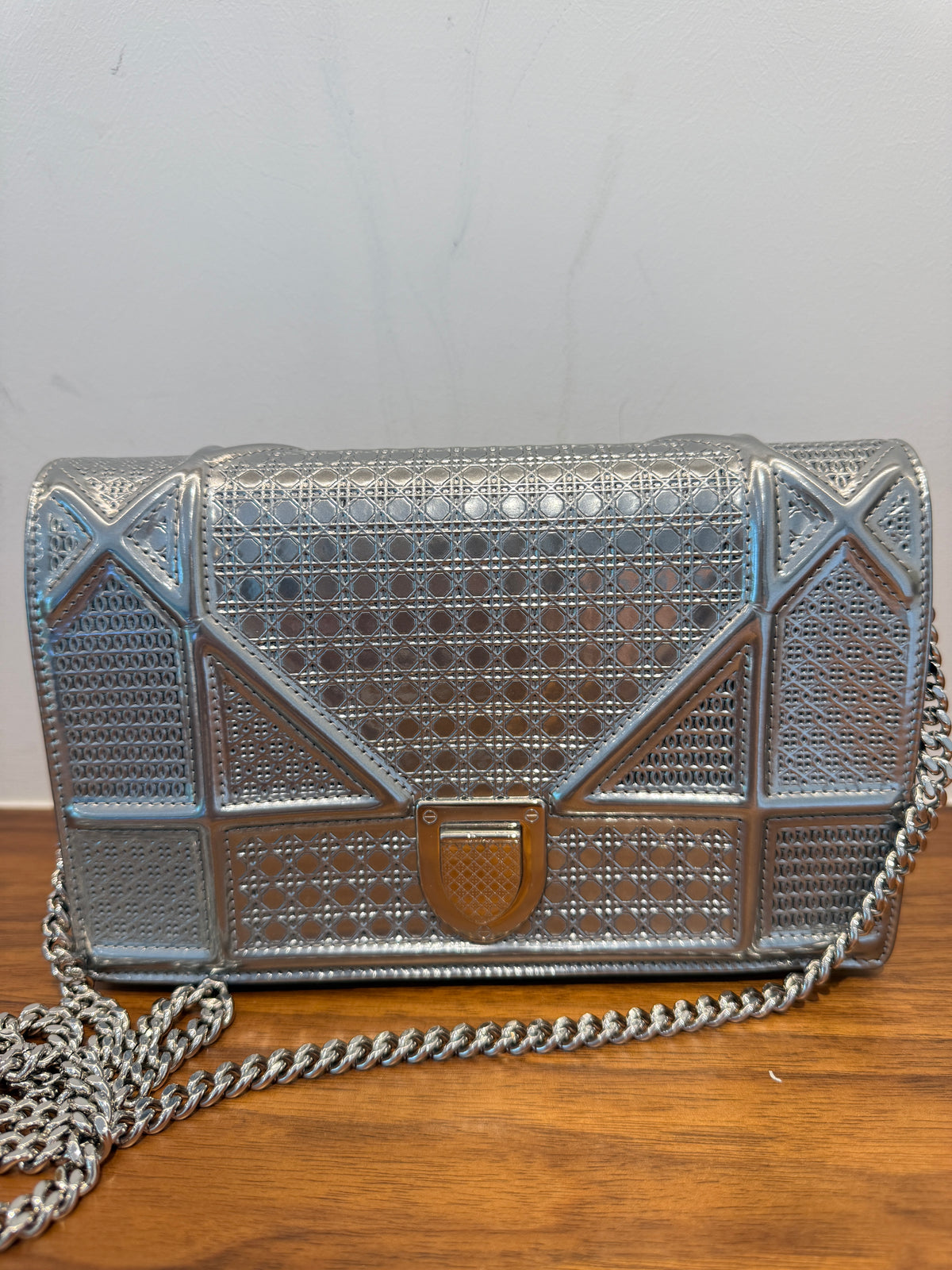 Dior Metallic Patent Micro-Cannage Diorama Wallet on Chain Pouch Silver