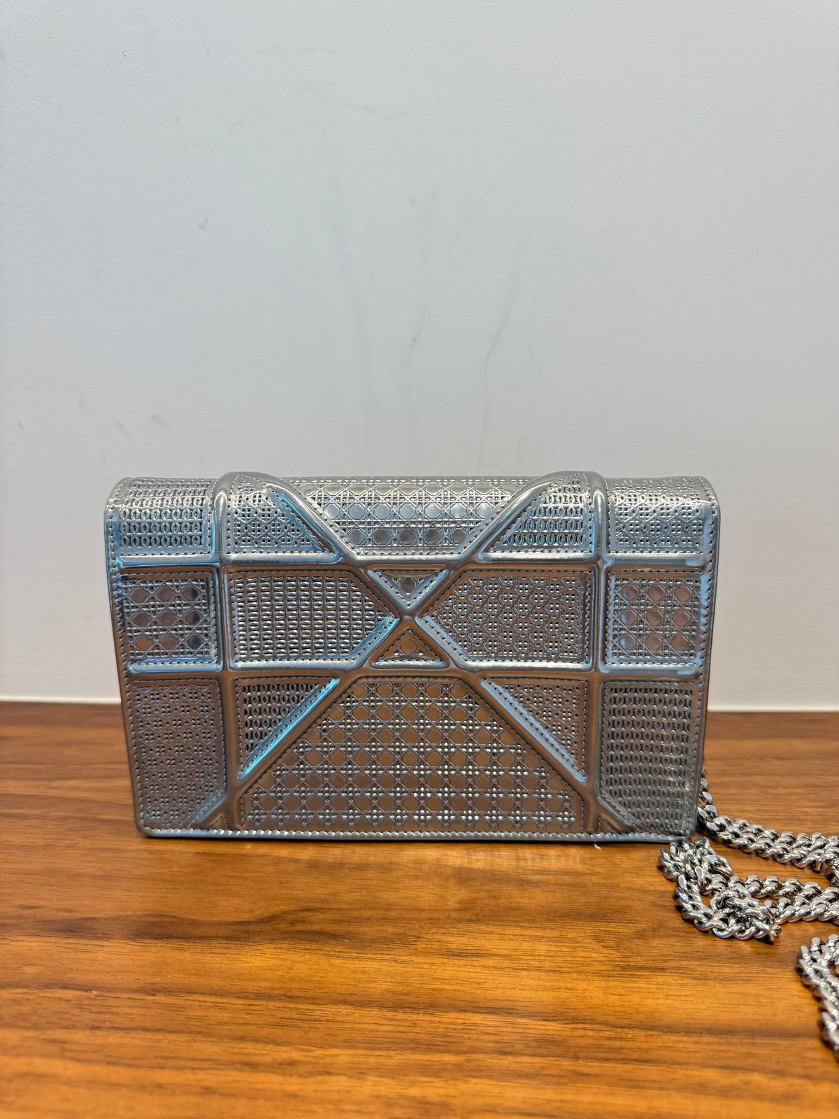Dior Metallic Patent Micro-Cannage Diorama Wallet on Chain Pouch Silver