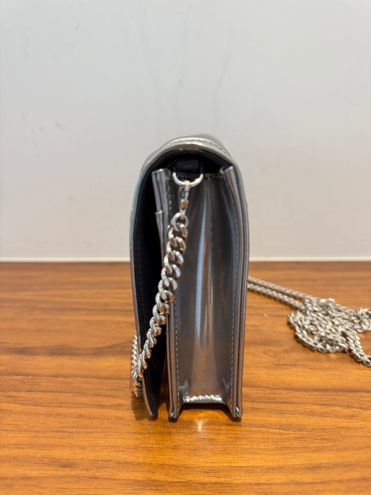 Dior Metallic Patent Micro-Cannage Diorama Wallet on Chain Pouch Silver