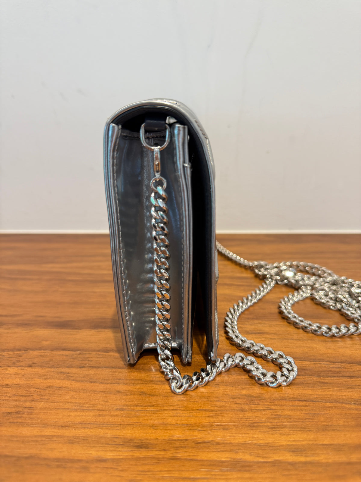 Dior Metallic Patent Micro-Cannage Diorama Wallet on Chain Pouch Silver