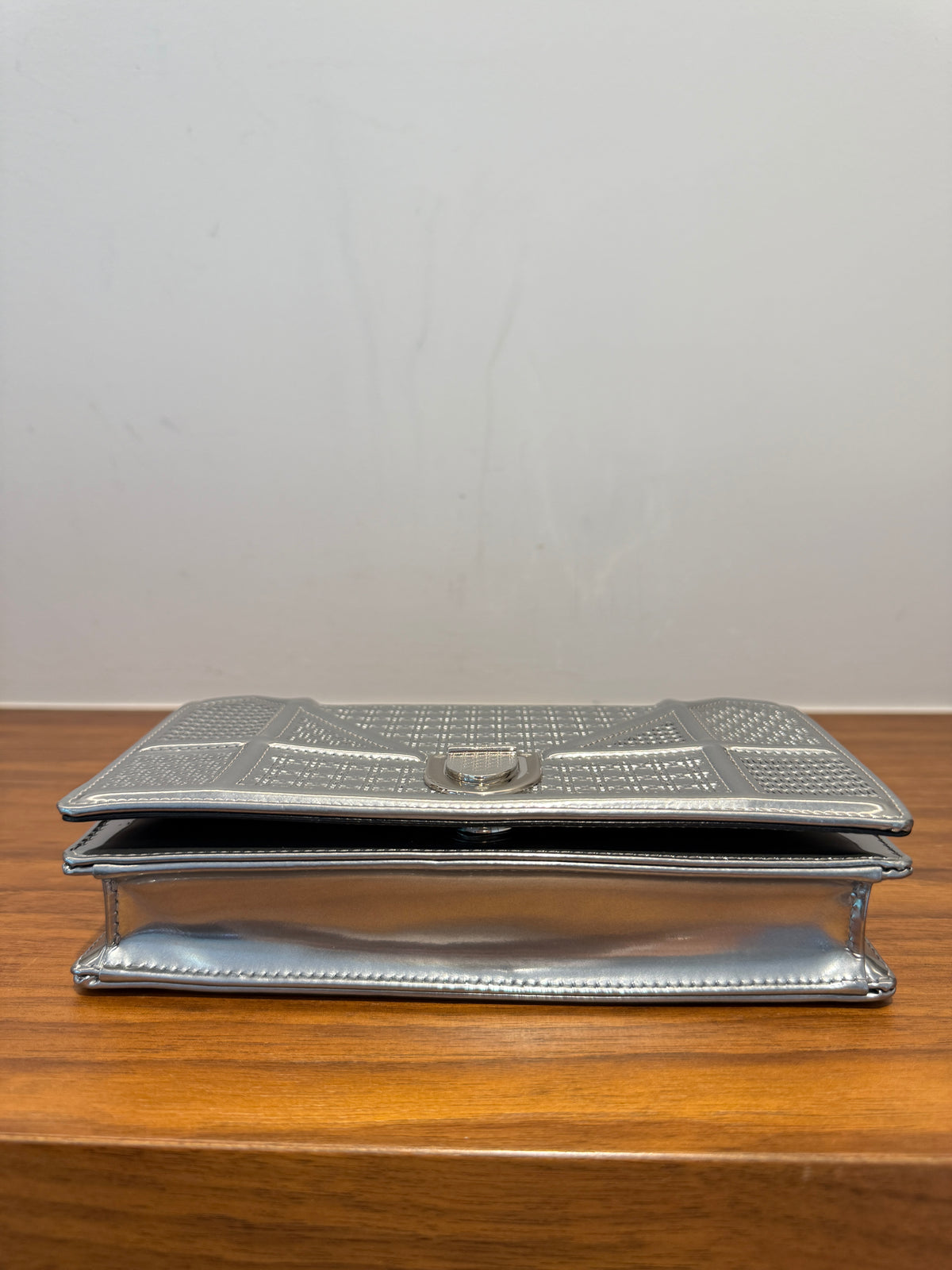 Dior Metallic Patent Micro-Cannage Diorama Wallet on Chain Pouch Silver