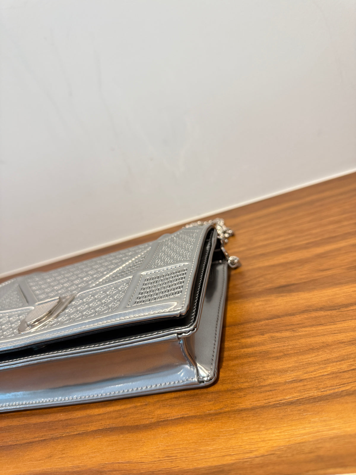 Dior Metallic Patent Micro-Cannage Diorama Wallet on Chain Pouch Silver