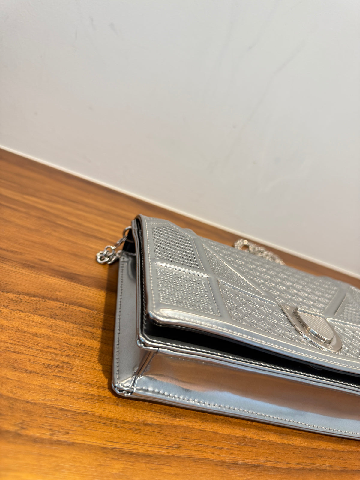 Dior Metallic Patent Micro-Cannage Diorama Wallet on Chain Pouch Silver