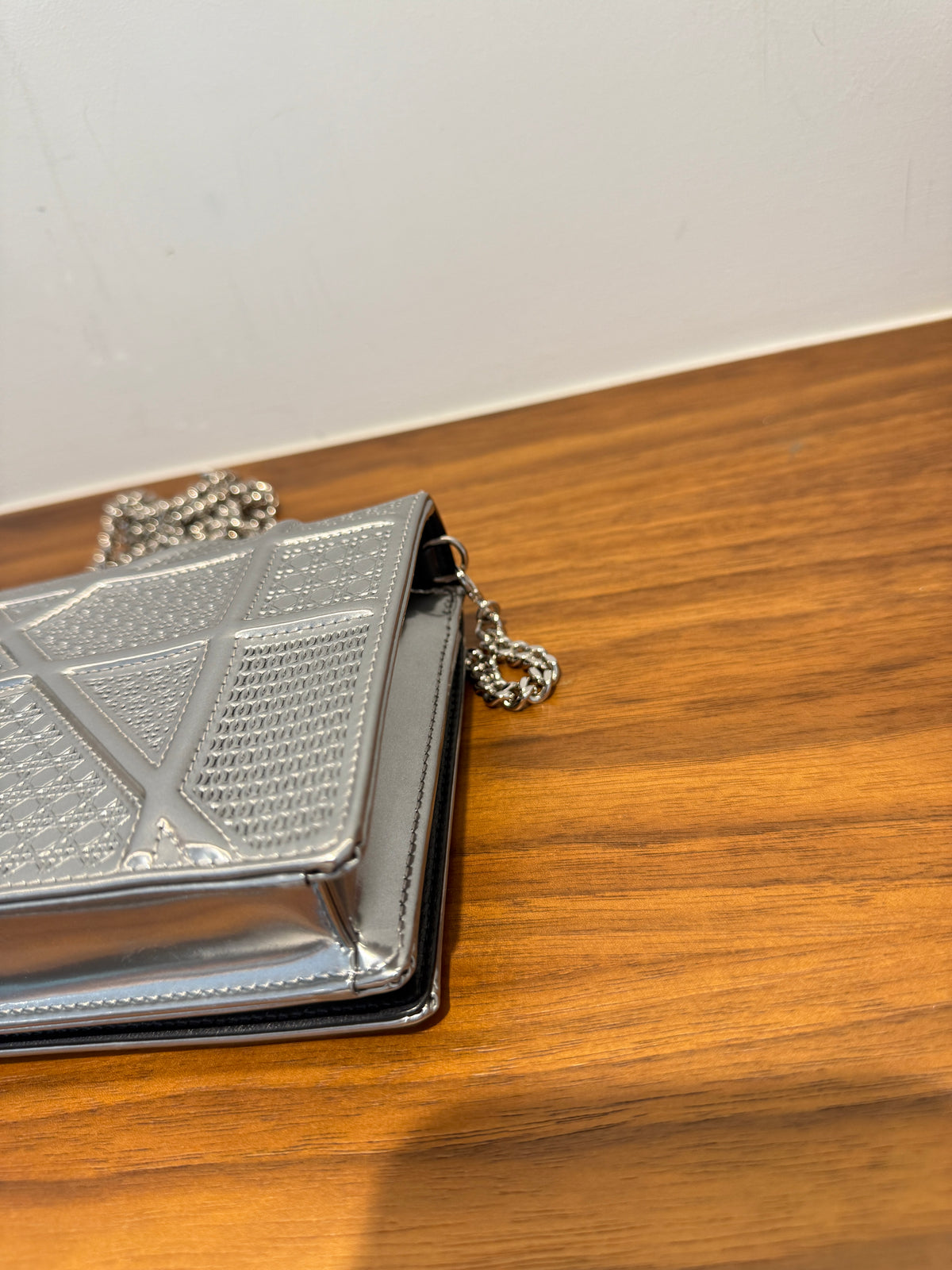 Dior Metallic Patent Micro-Cannage Diorama Wallet on Chain Pouch Silver