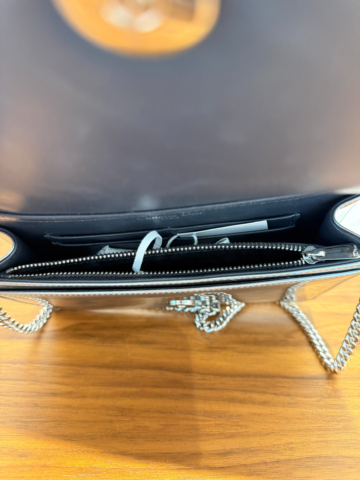 Dior Metallic Patent Micro-Cannage Diorama Wallet on Chain Pouch Silver