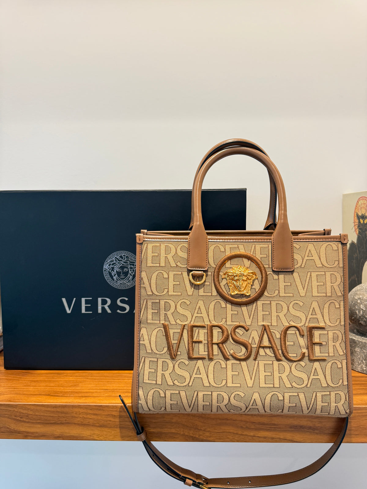Versace All Over Logo Canvas Tote in Brown Small