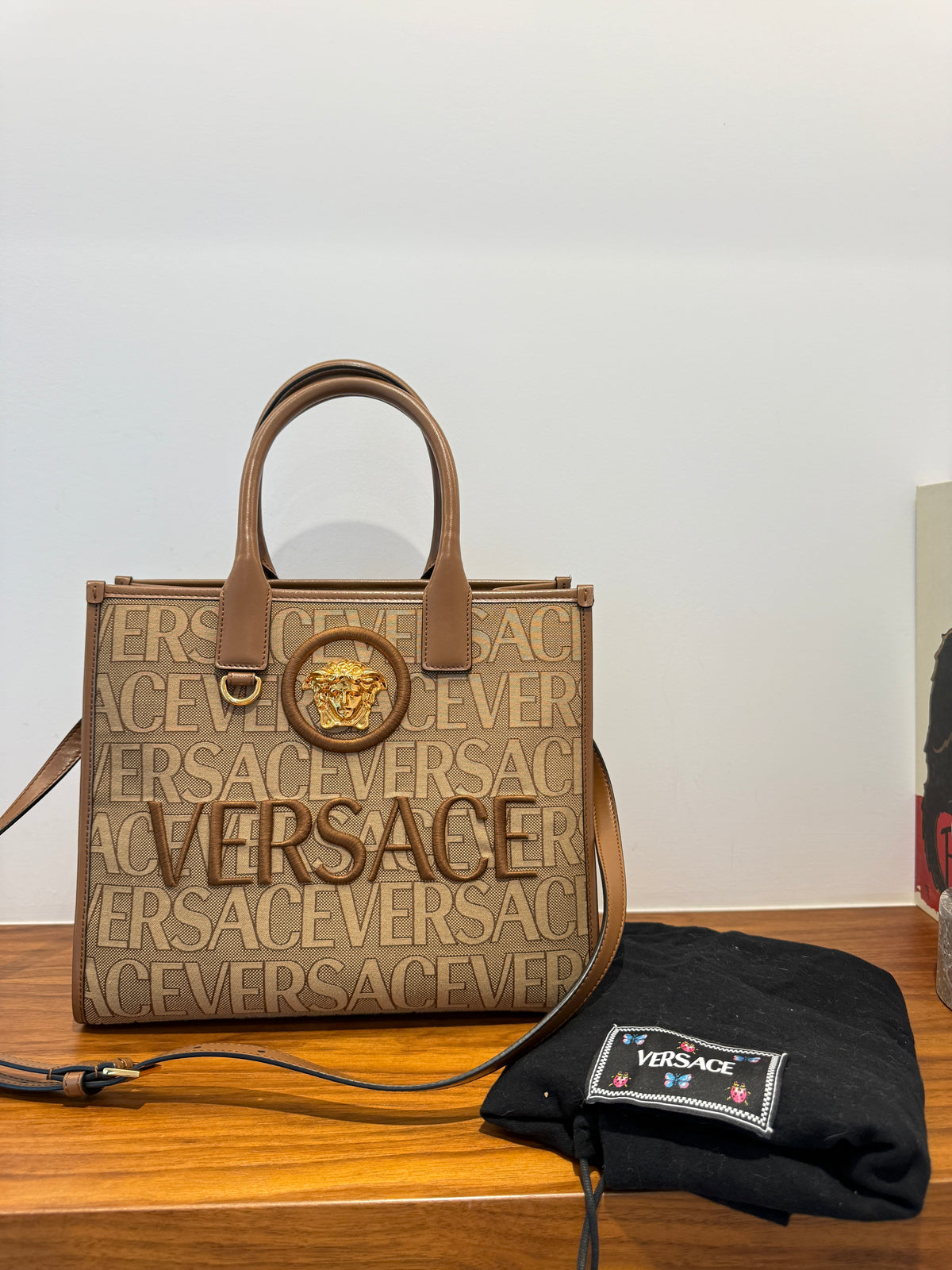 Versace All Over Logo Canvas Tote in Brown Small