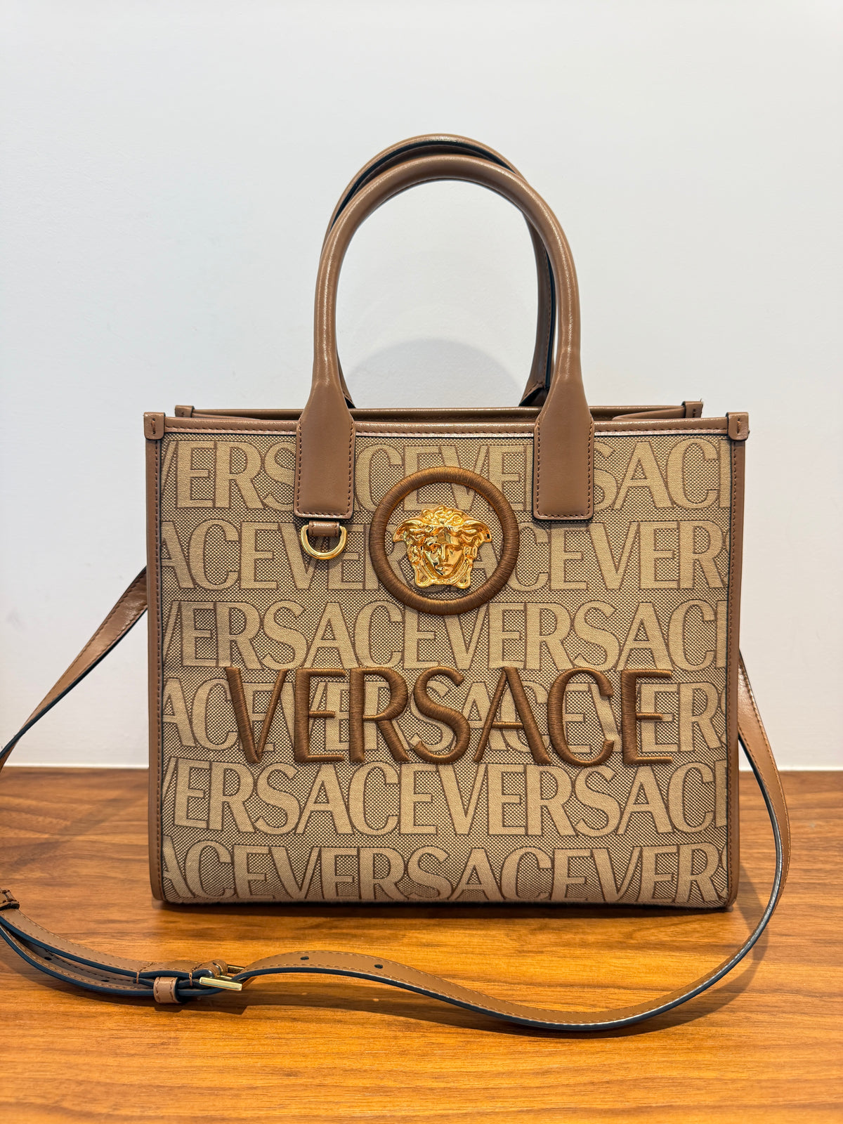 Versace All Over Logo Canvas Tote in Brown Small