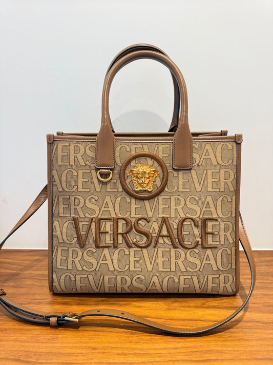 Versace All Over Logo Canvas Tote in Brown Small