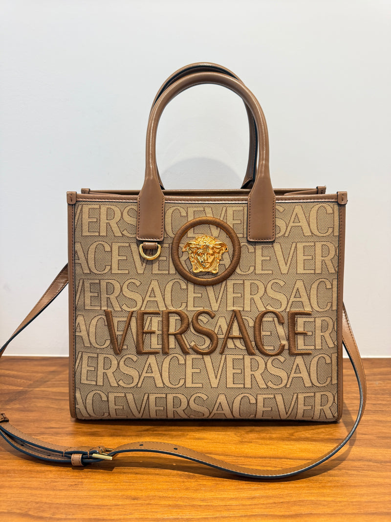 Versace All Over Logo Canvas Tote in Brown Small
