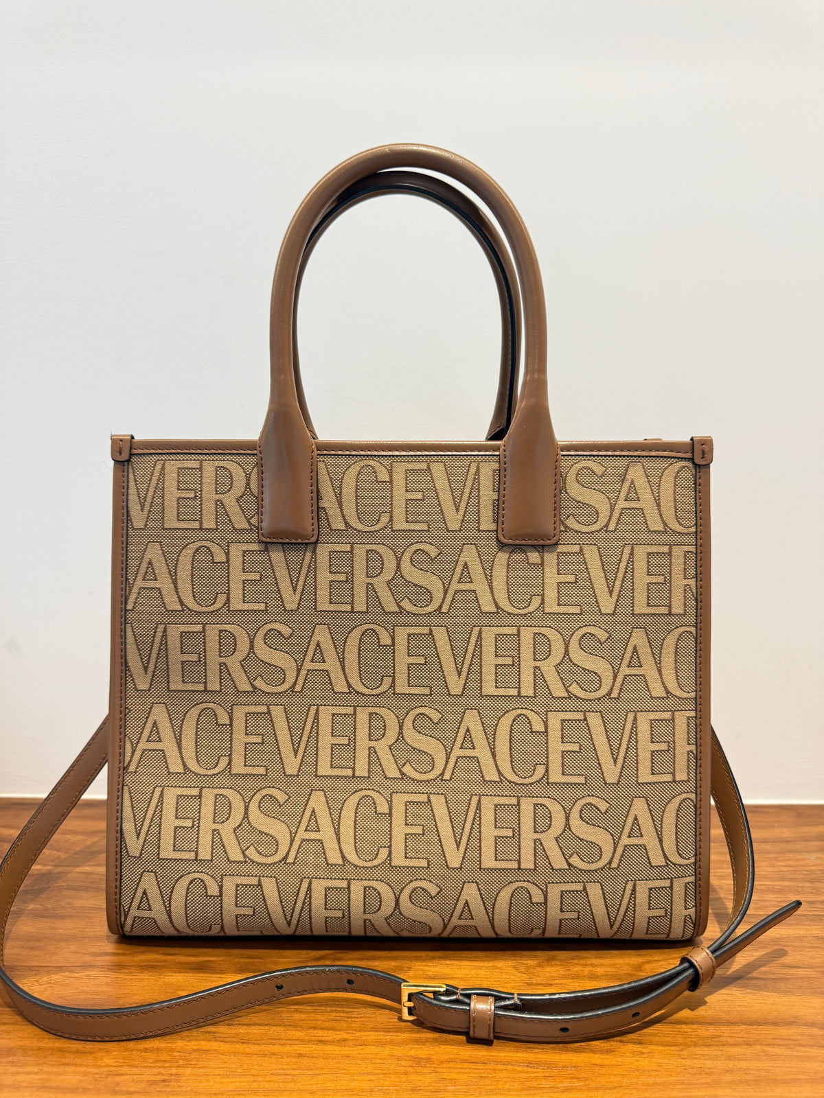 Versace All Over Logo Canvas Tote in Brown Small