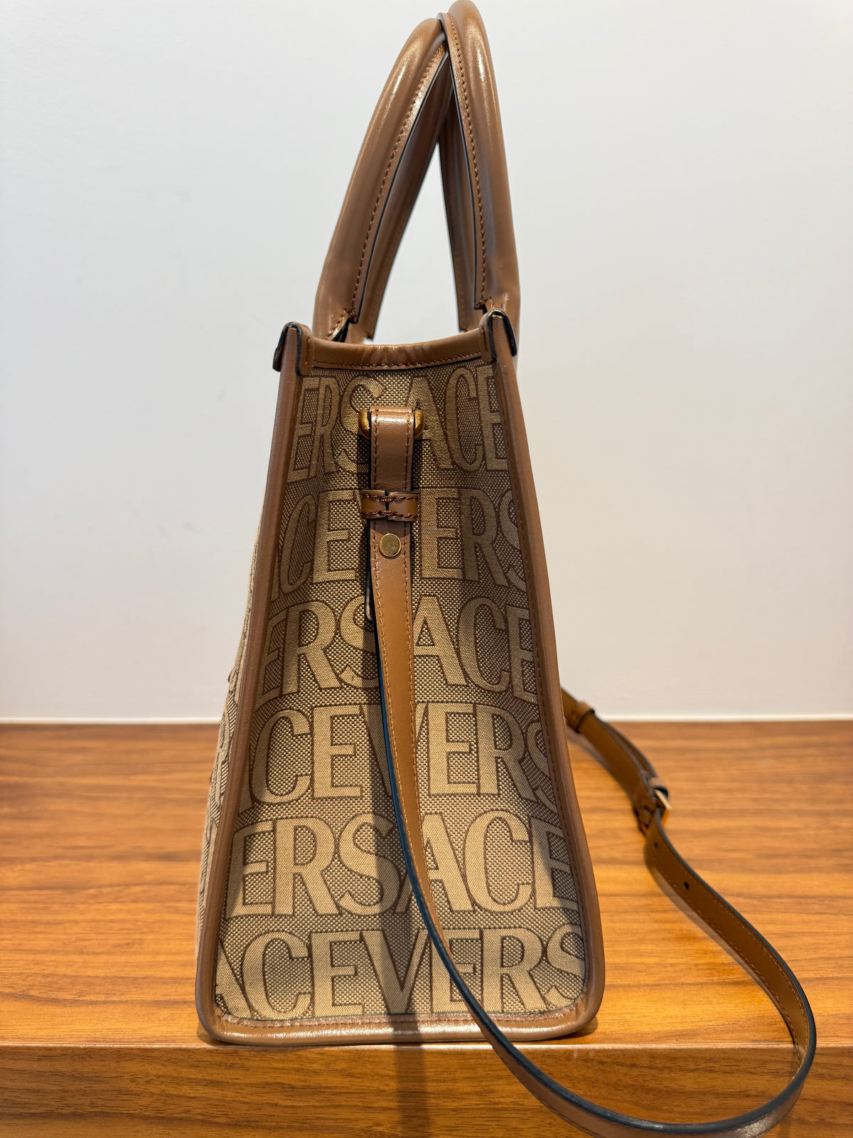 Versace All Over Logo Canvas Tote in Brown Small