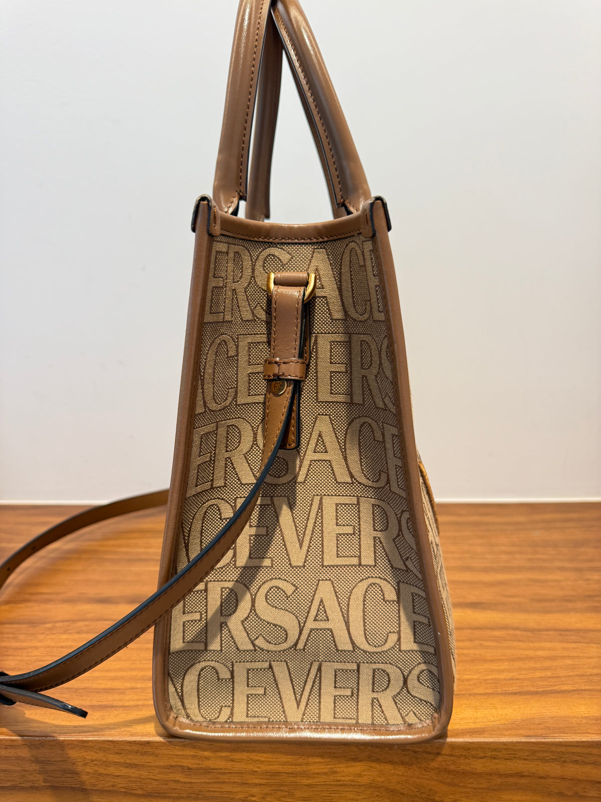 Versace All Over Logo Canvas Tote in Brown Small