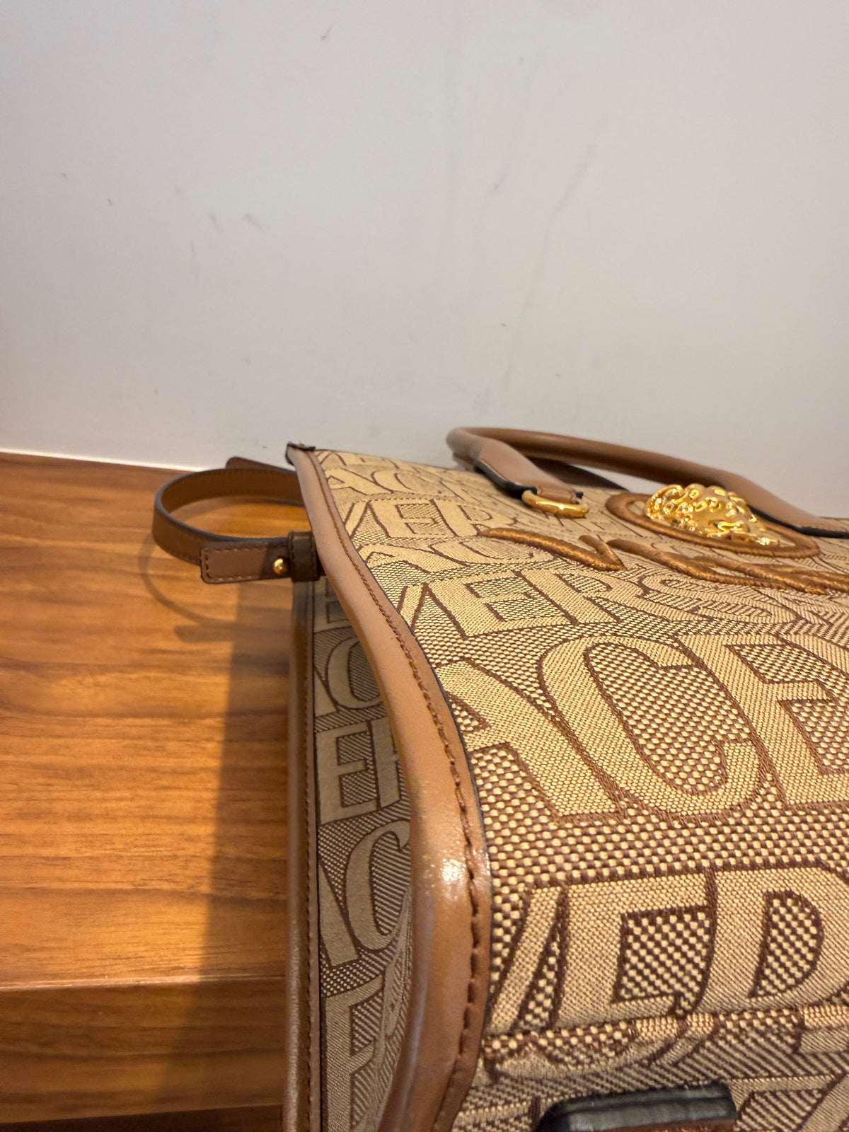 Versace All Over Logo Canvas Tote in Brown Small