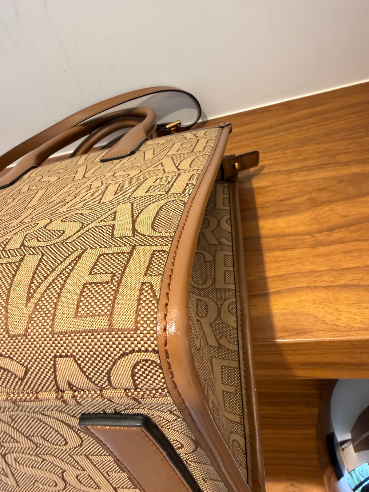 Versace All Over Logo Canvas Tote in Brown Small