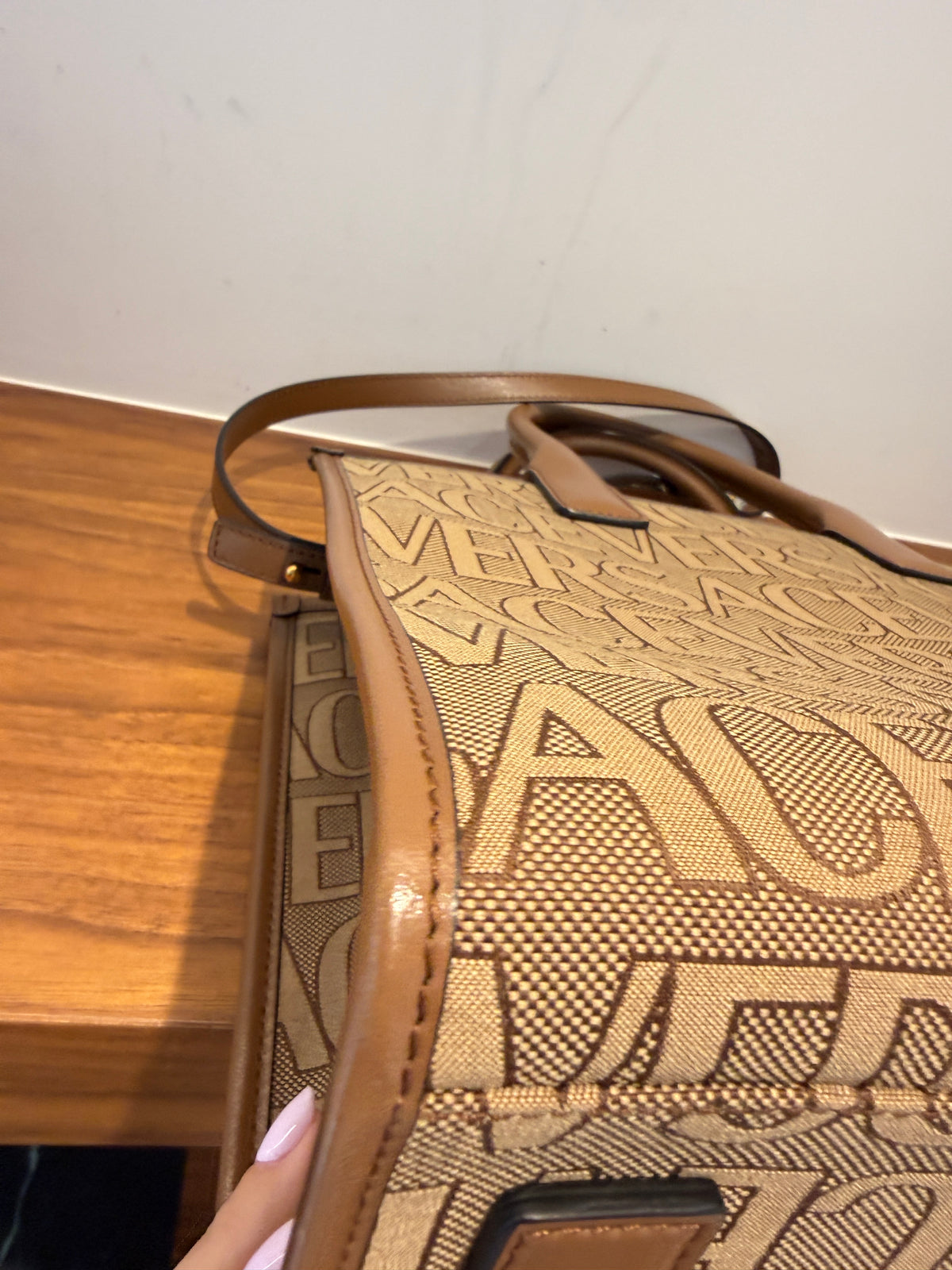 Versace All Over Logo Canvas Tote in Brown Small