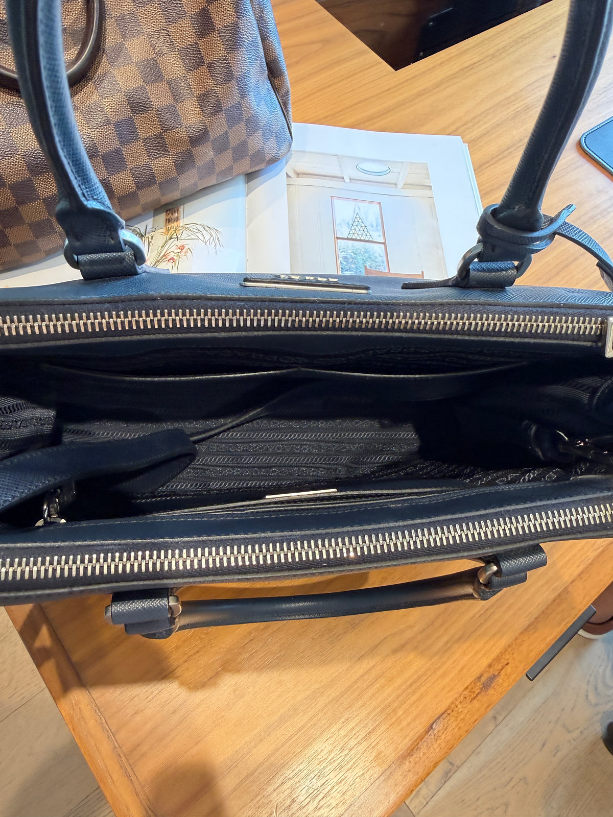 Prada Saffiano Large Galleria Double Zip Tote Navy Blue Pre-Owned