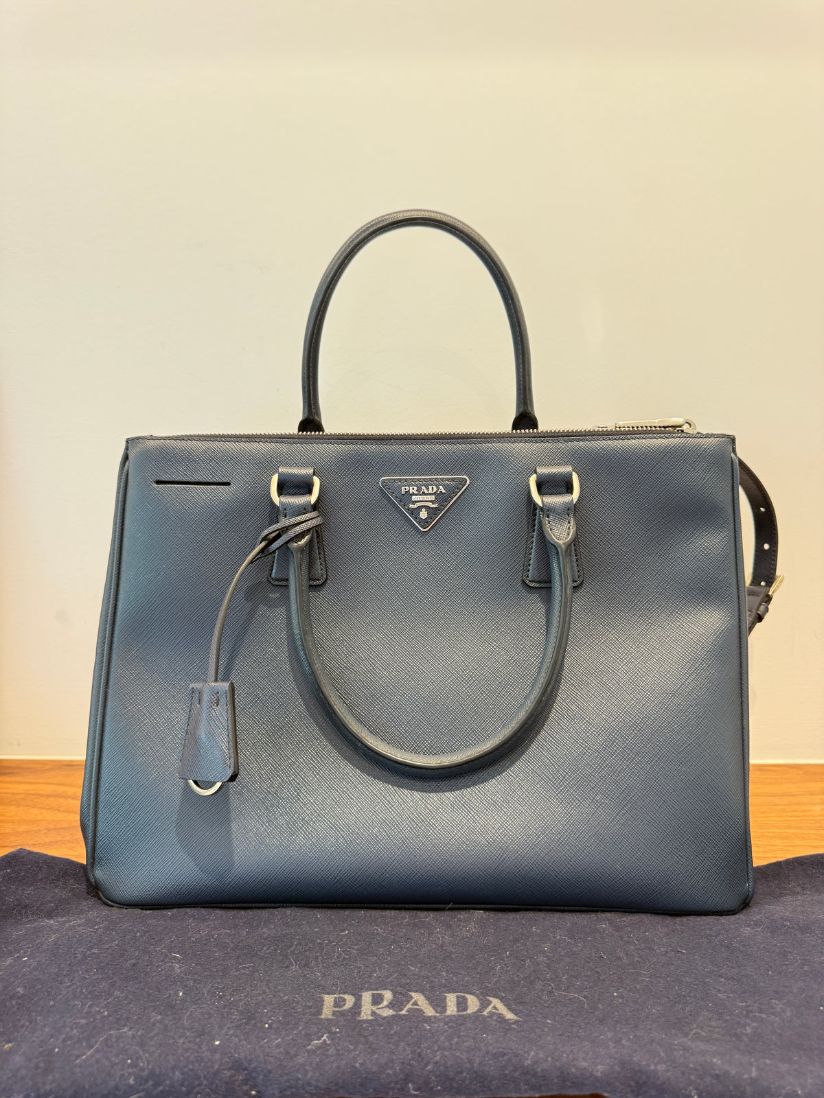 Prada Saffiano Large Galleria Double Zip Tote Navy Blue Pre-Owned