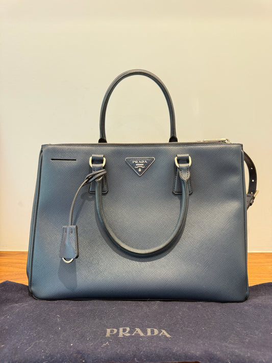 Prada Saffiano Large Galleria Double Zip Tote Navy Blue Pre-Owned