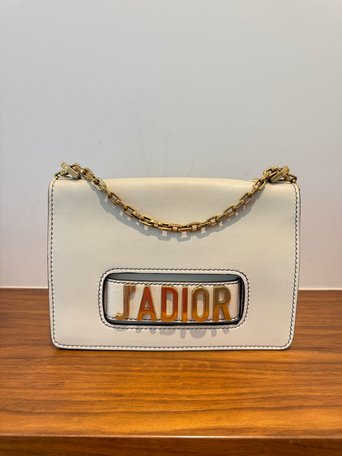 Dior J'Adoir Calfskin J'Adior Chain Flap Bag White & Gold Pre-Owned