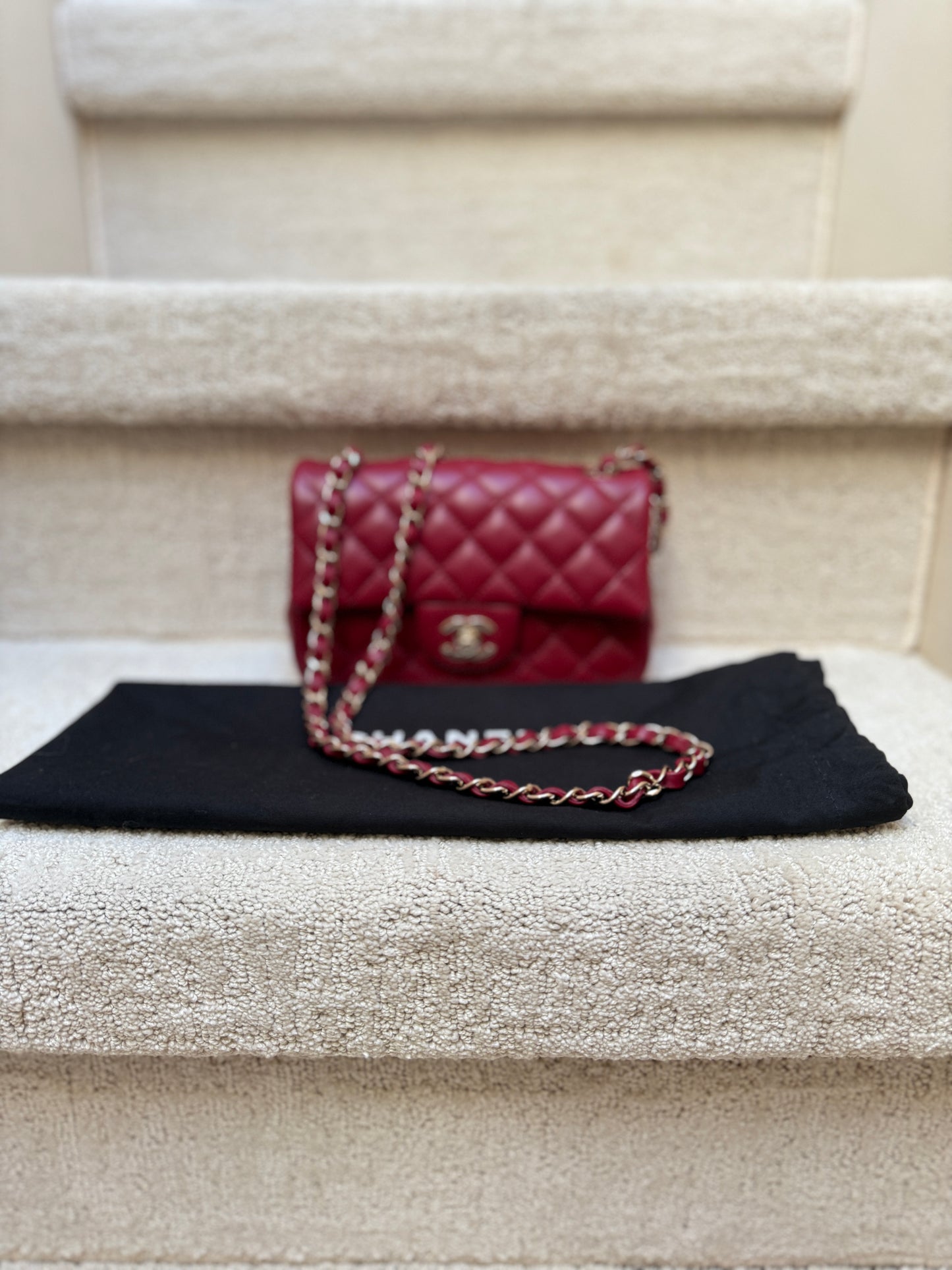 CHANEL Lambskin Quilted Mini Rectangular Flap Burgundy