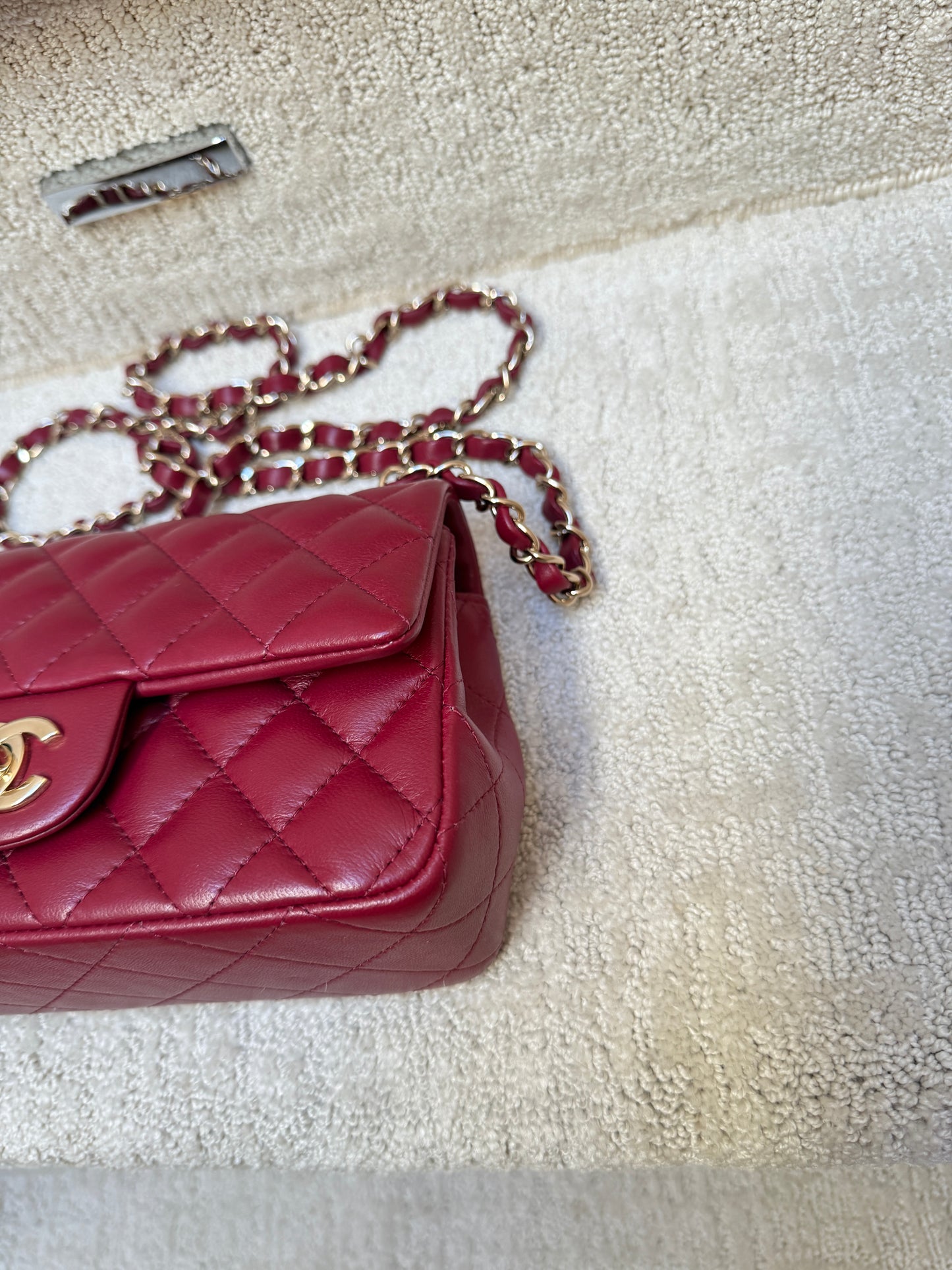 CHANEL Lambskin Quilted Mini Rectangular Flap Burgundy