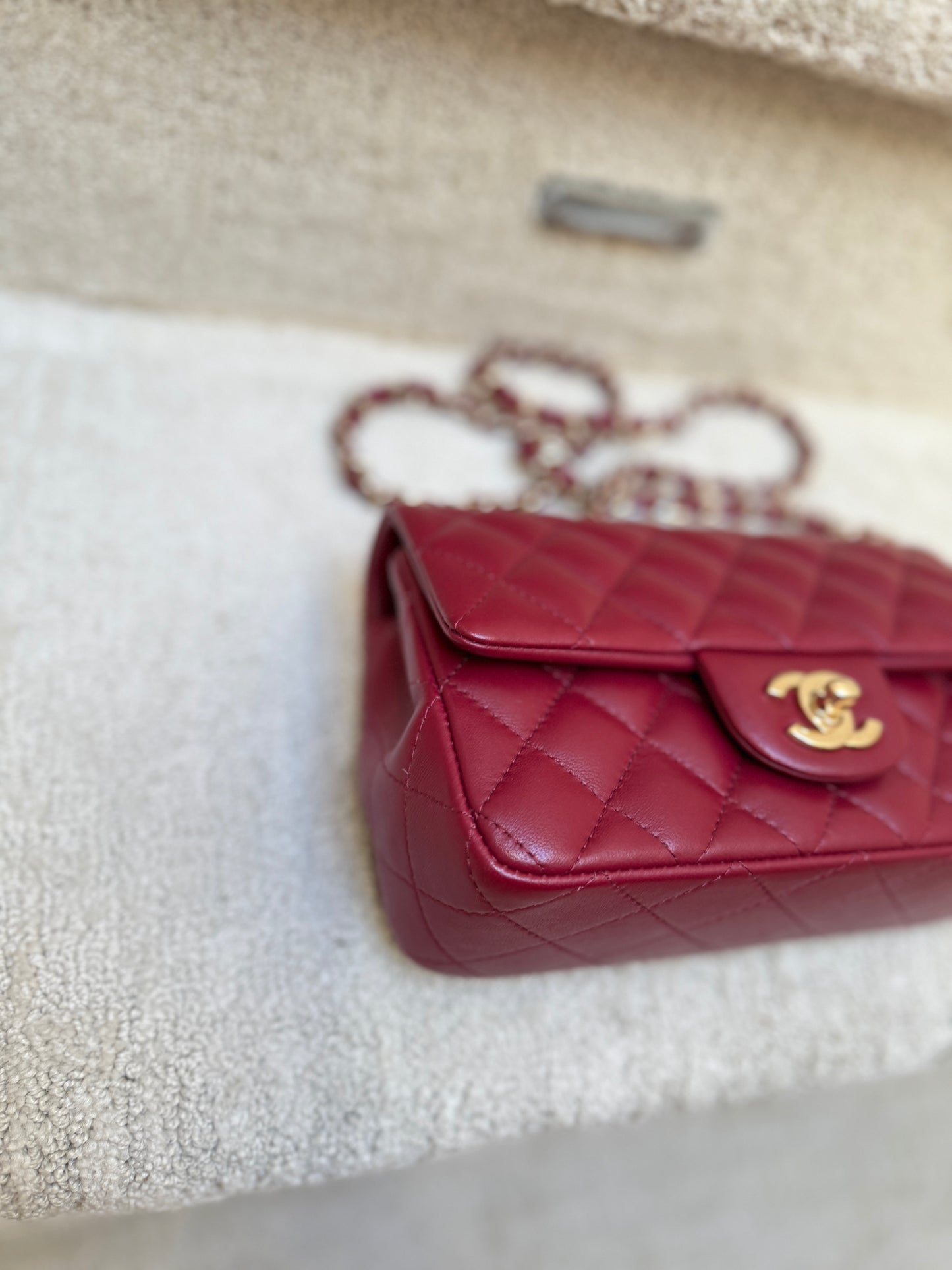 CHANEL Lambskin Quilted Mini Rectangular Flap Burgundy