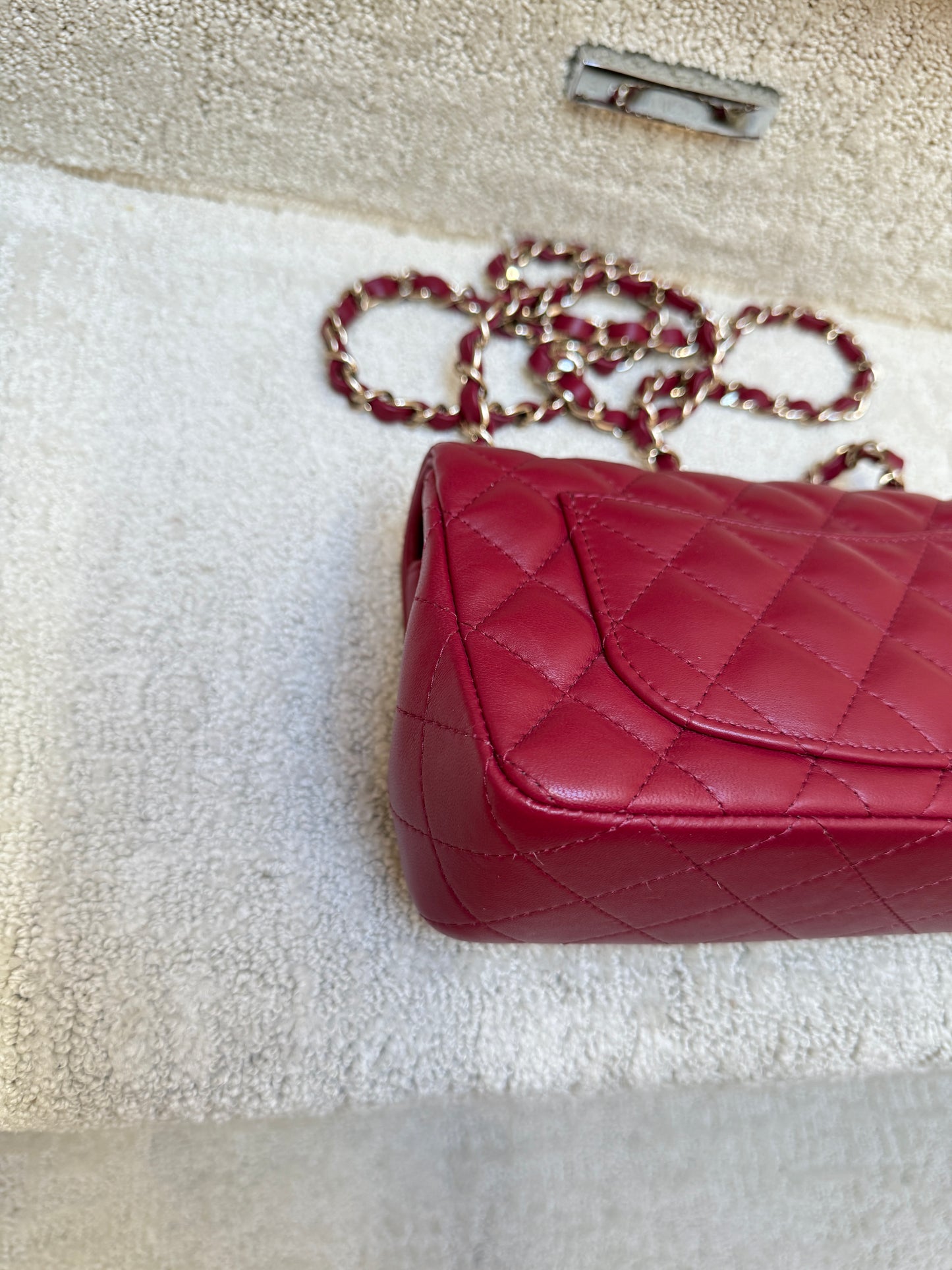 CHANEL Lambskin Quilted Mini Rectangular Flap Burgundy
