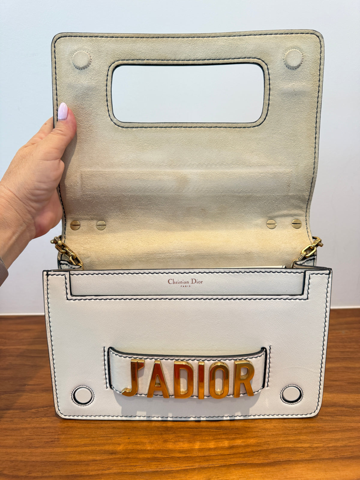 Dior J'Adoir Calfskin J'Adior Chain Flap Bag White & Gold Pre-Owned