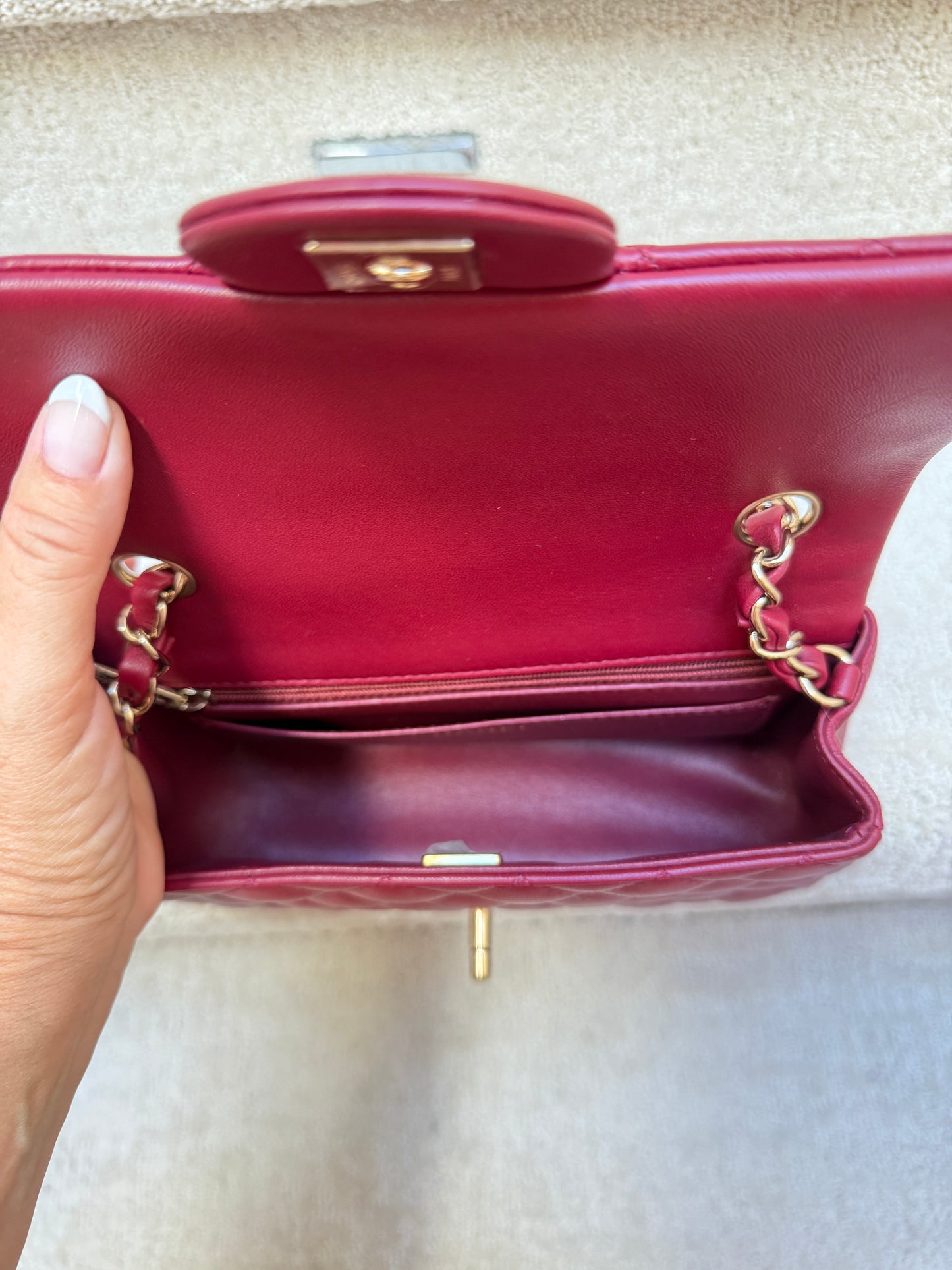 CHANEL Lambskin Quilted Mini Rectangular Flap Burgundy