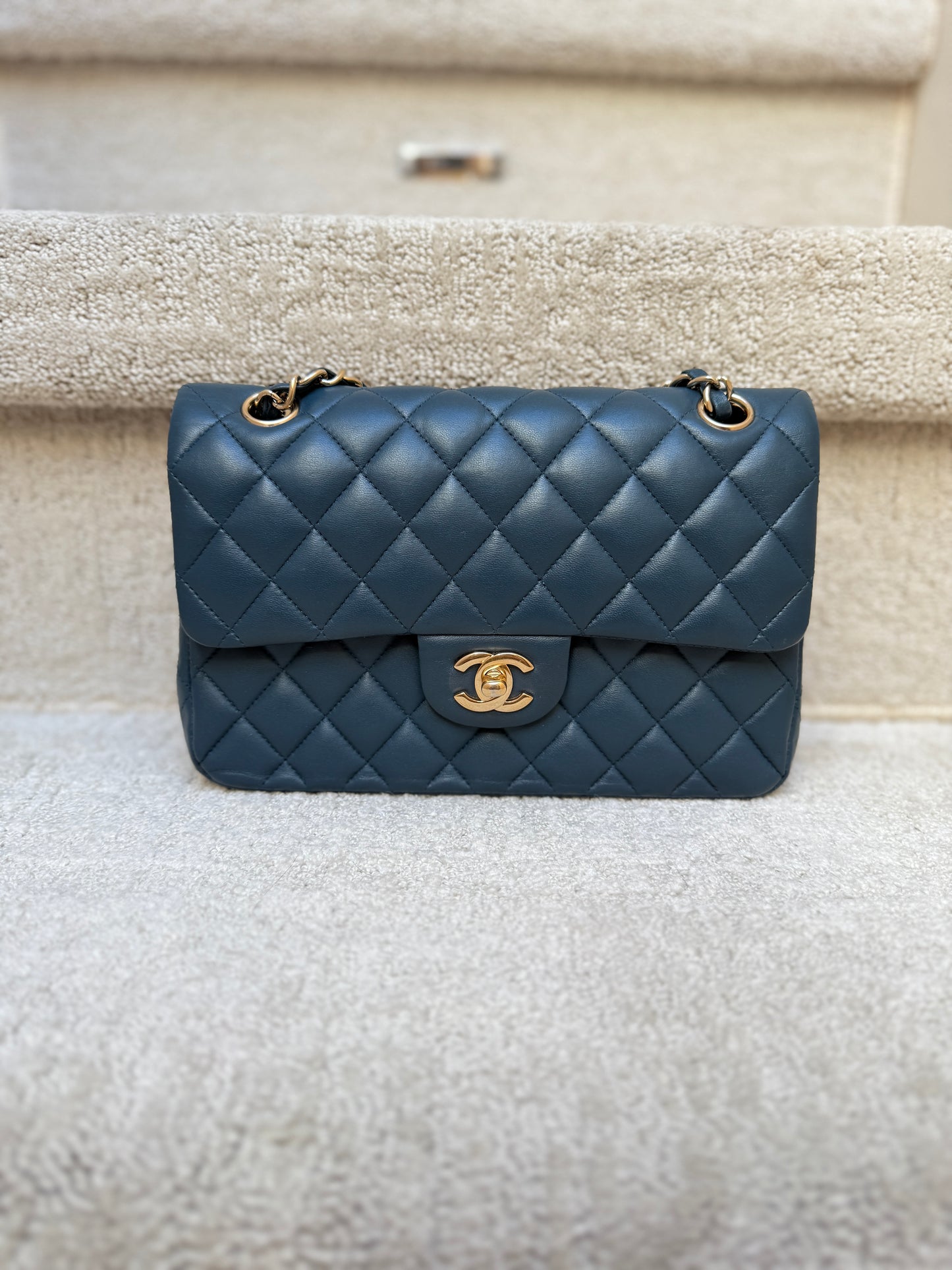 CHANEL Lambskin Quilted Small Double Flap in Navy