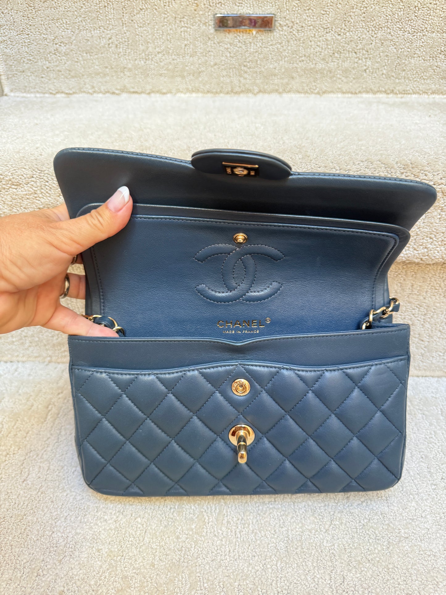 CHANEL Lambskin Quilted Small Double Flap in Navy