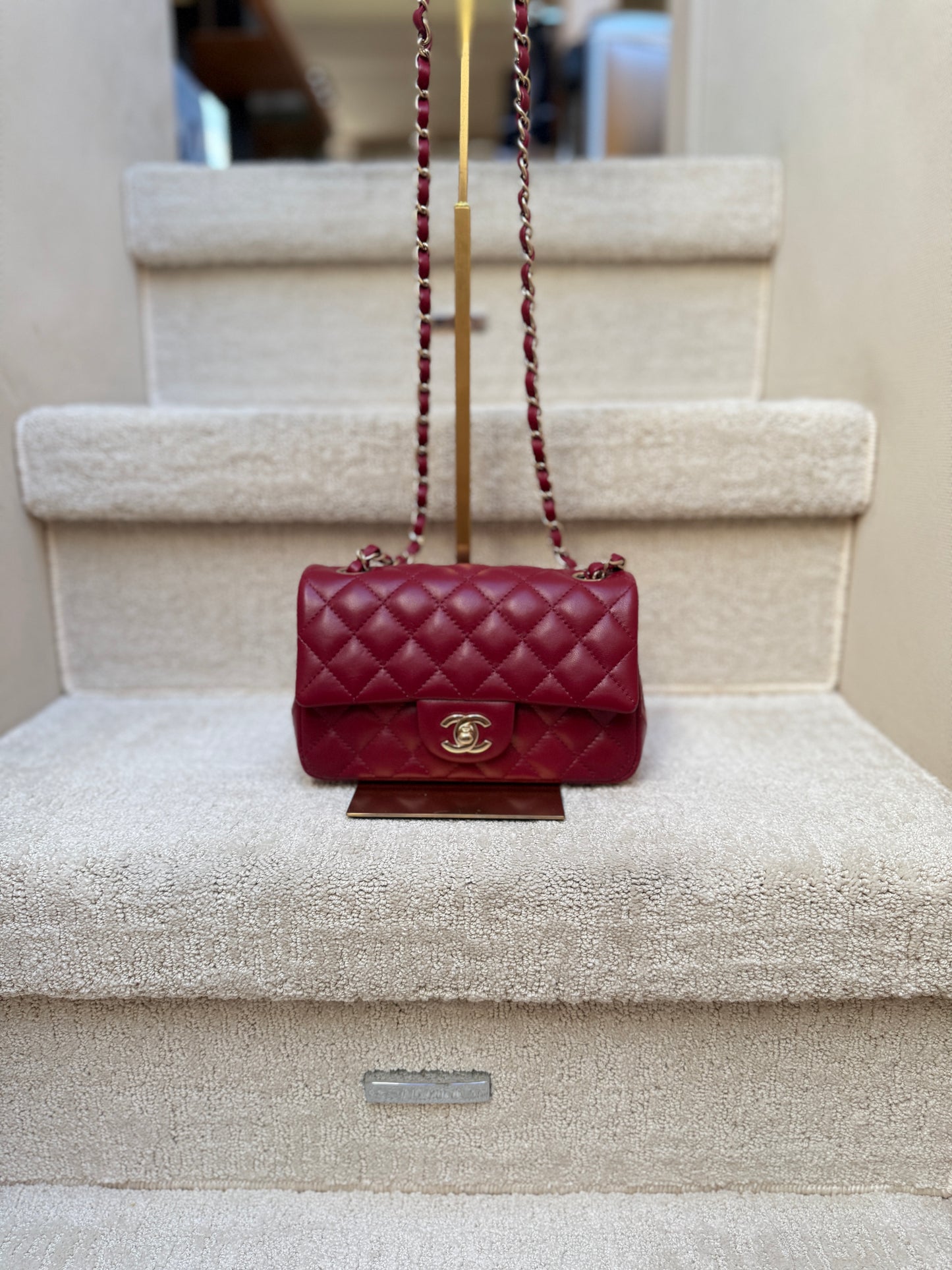 CHANEL Lambskin Quilted Mini Rectangular Flap Burgundy